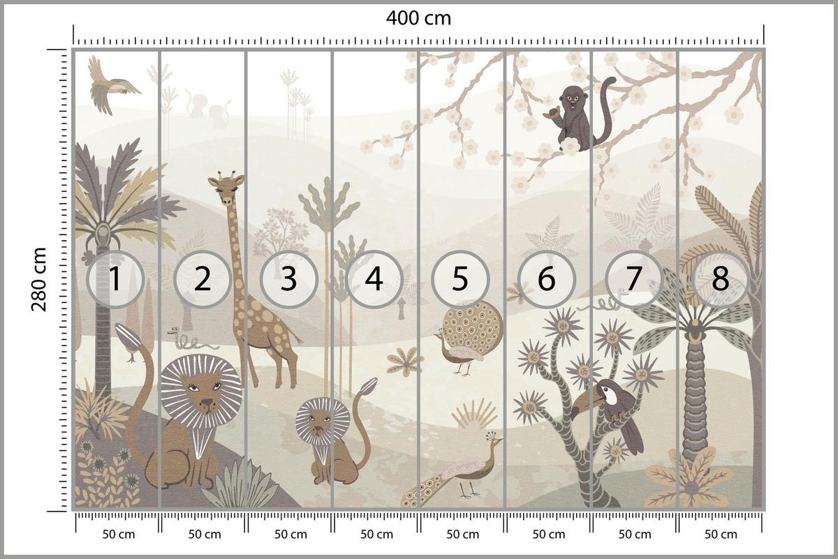 FOTOTAPETE für Kinderzimmer Safari Wilde Tiere Dschungel Boho Palmen Giraffe 400x280 - Beige/Creme, Papier (400/280cm) - Muralo