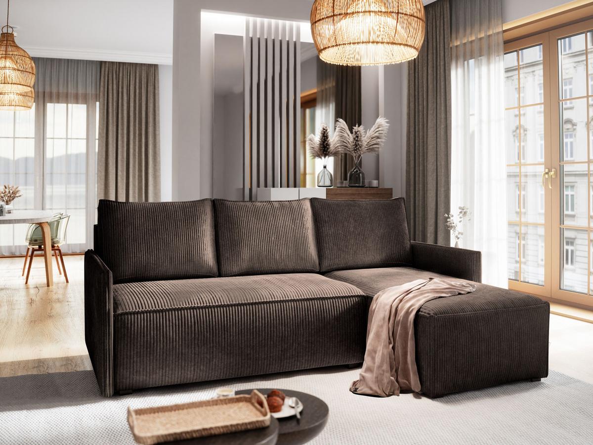 ECKSOFA PERUSI Braun Kordstoff mit Schlaffunktion - Braun/Grau, Holz/Kunststoff (206/143cm) - MASSENO