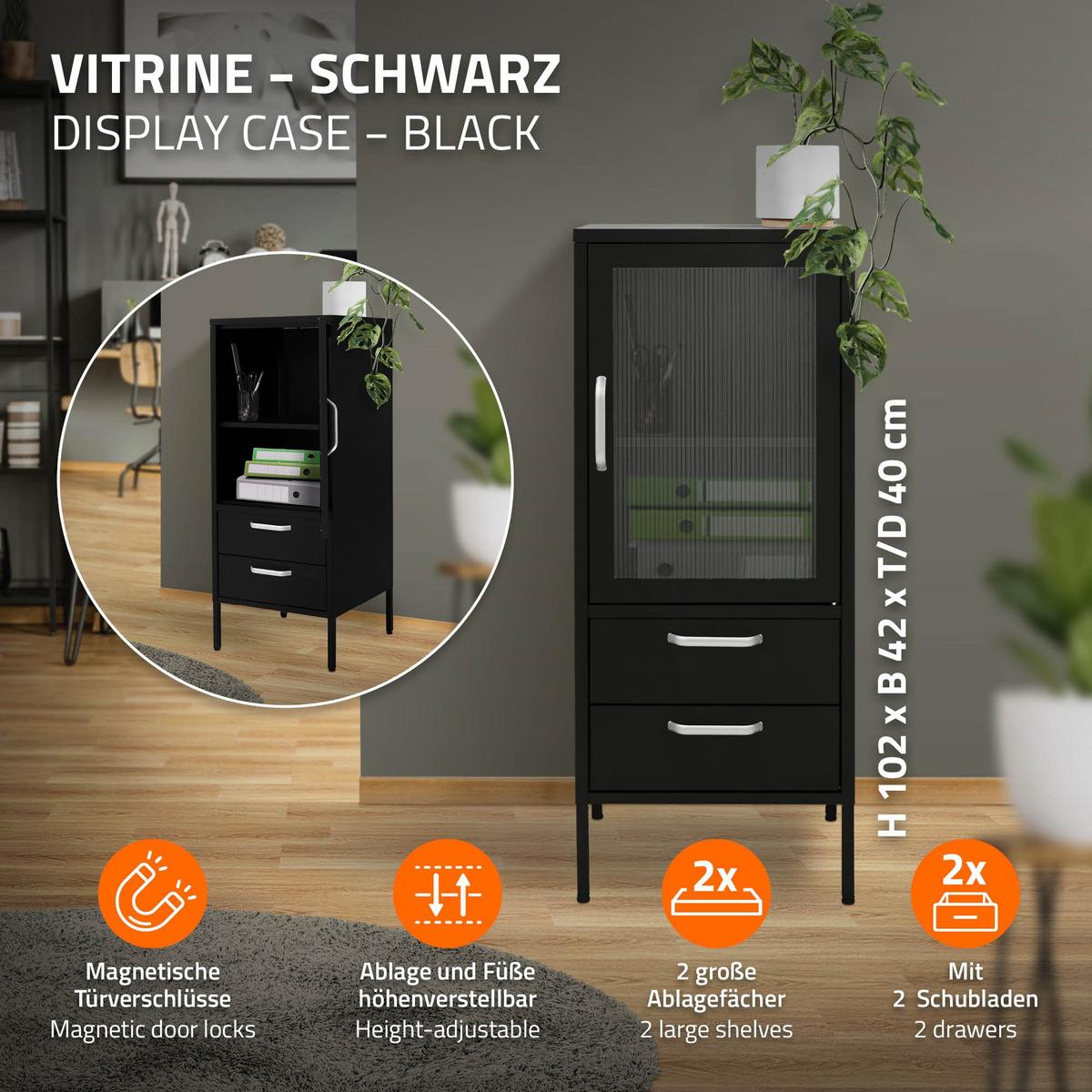 VITRINENSCHRANK 42 x 102 x 40 cm Schwarz aus Stahl - Schwarz, Metall (40/102/42cm) - ML-DESIGN
