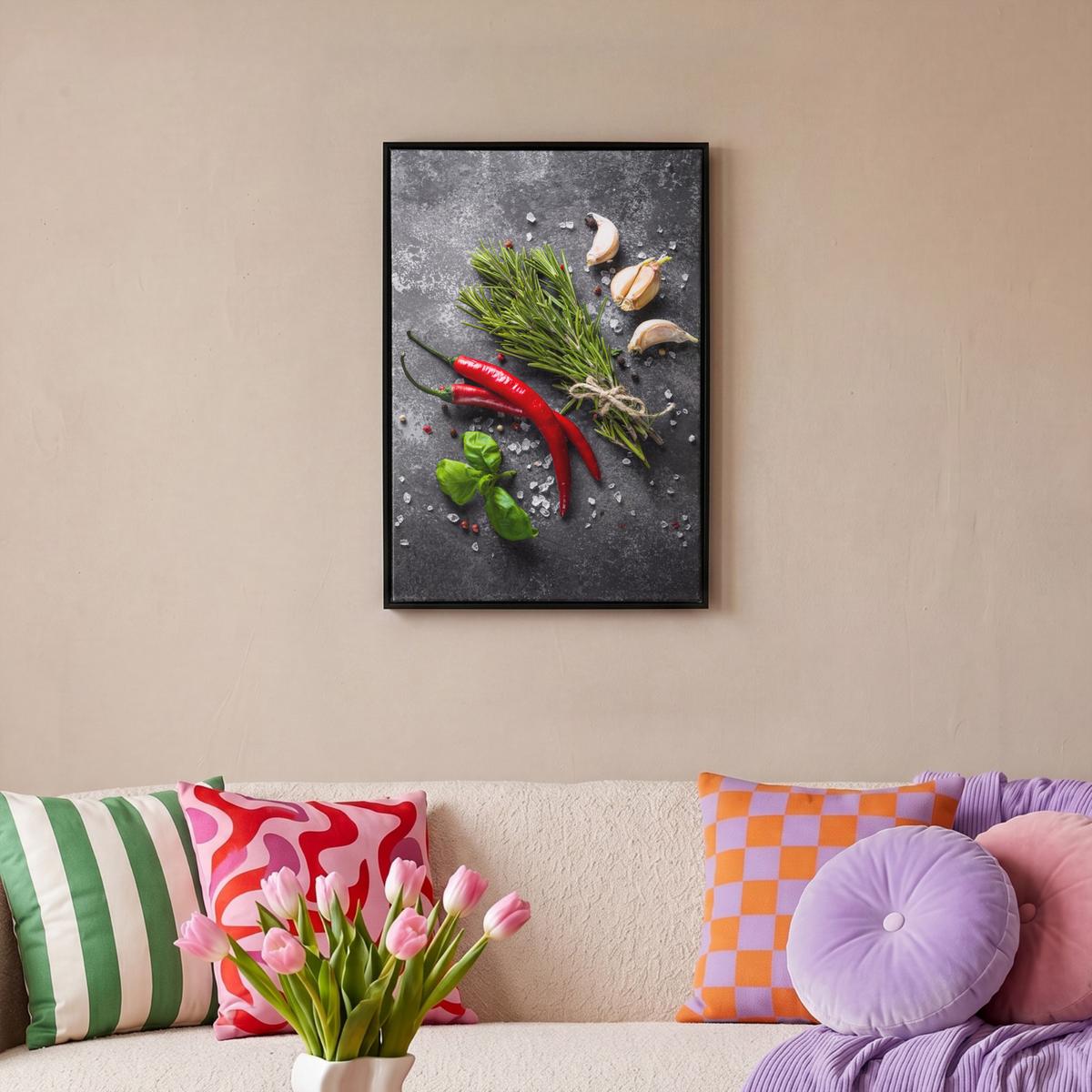 LEINWAND Bilder mit Rahmen - Pfeffer - Kräuter - Gewürze - Beton - 40x60 - Dunkelgrau, Textil (40/60cm) - MuchoWow