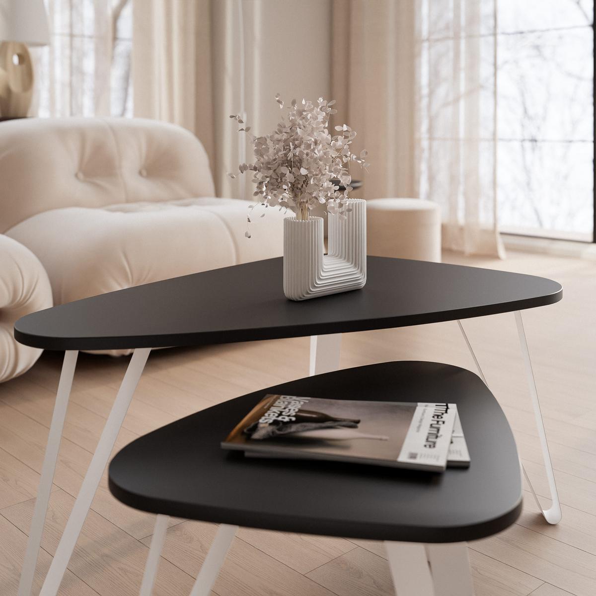 SATZTISCH NOA Stahlgestell, Freiform, Weiß / Schwarz Molet - Schwarz/Weiß, Holzwerkstoff/Metall (94/60/42cm) - Idohome