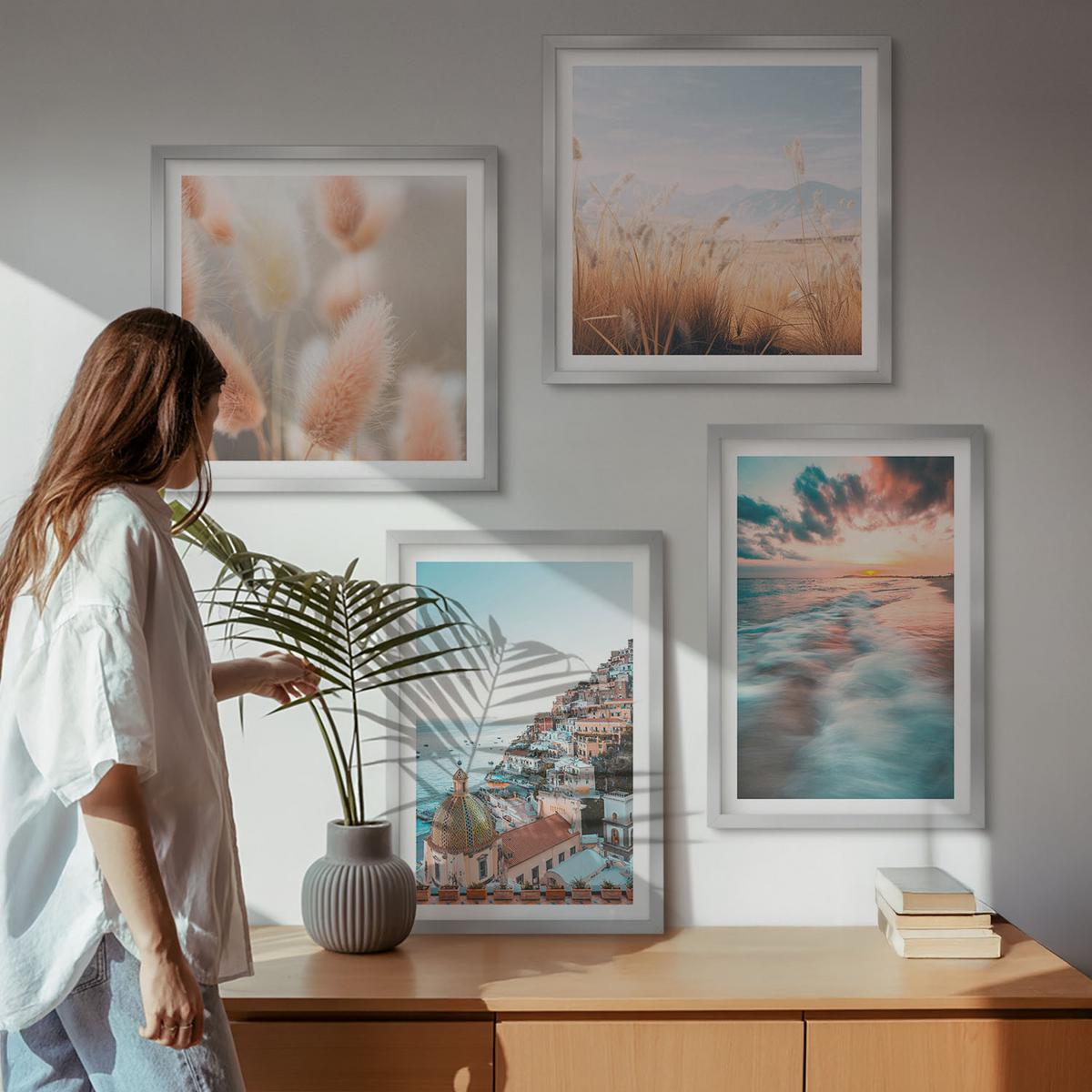 BILDER SET 4er Set - 50x50 cm & 40x60 cm Silberner Rahmen - Sonnenuntergang am Meer, Häuser, Blumen - Silberfarben, Kunststoff (50/50cm) - TULUP