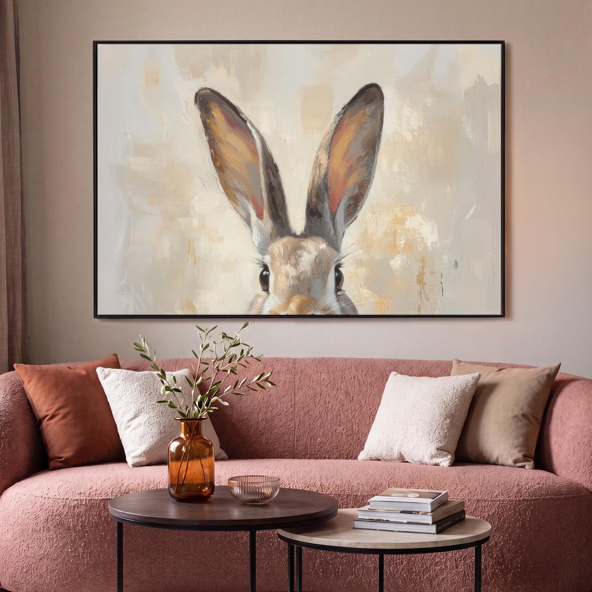 LEINWAND Bilder mit Rahmen - Hase - Ohren - Braun - 120x80 - Beige, Textil (120/80cm) - MuchoWow