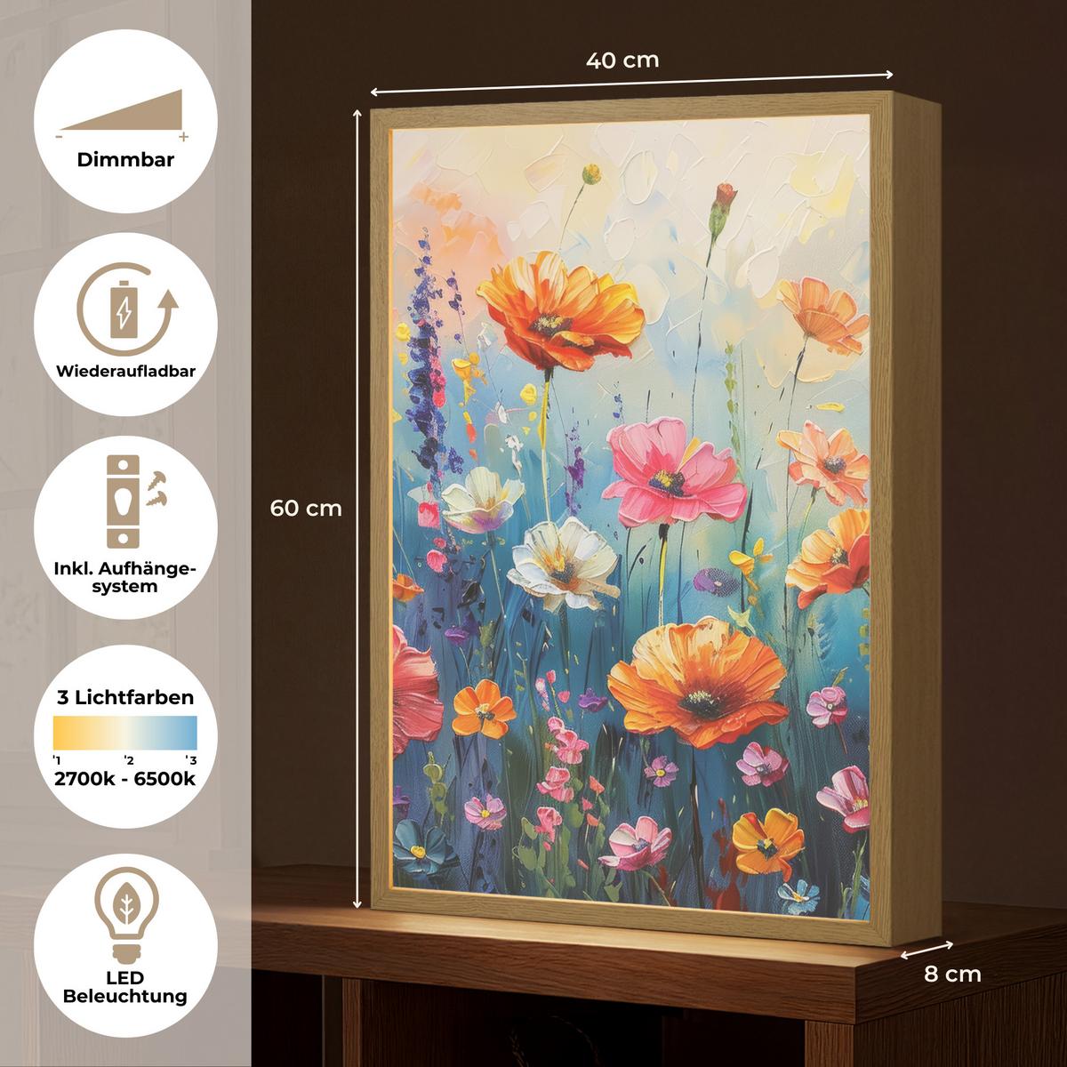WANDLEUCHTE MIT AKKU Blumen - Natur - Aquarell - Kunst 40x60 cm - Multicolor, Holzwerkstoff (40/60/8cm) - OnlyWow