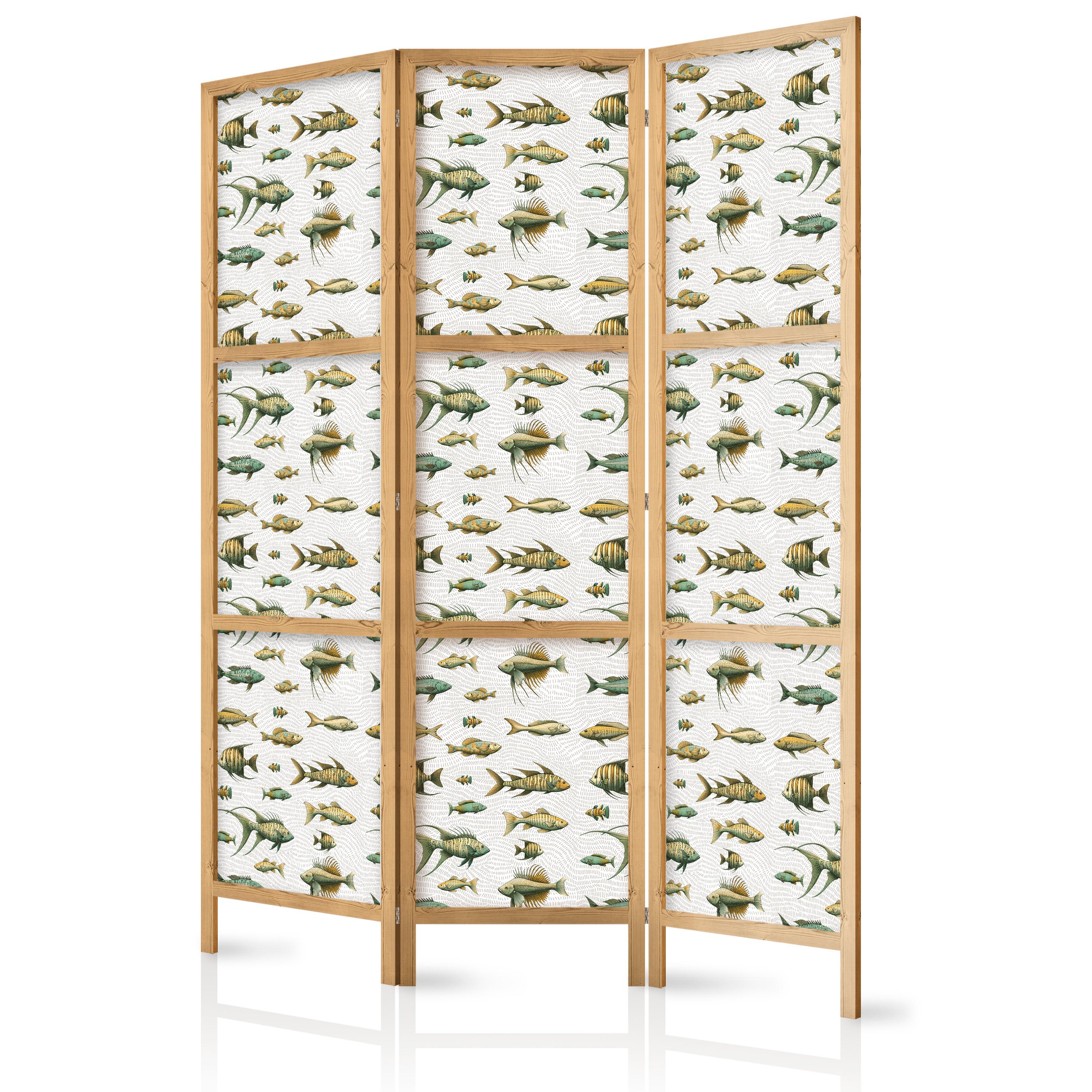 PARAVENT Japanischer 3-tlg 135x172 cm bunte Fische - Grün, Holz/Textil (135/172/3cm) - Muralo
