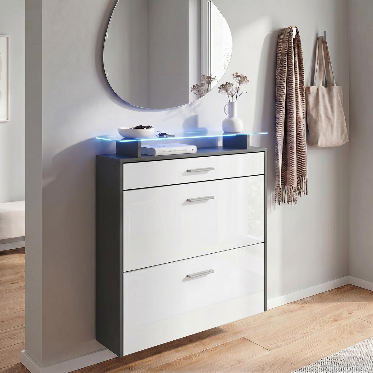 SCHUHSCHRANK Malea Fronten in Weiß Hochglanz - Weiß Hochglanz, Holzwerkstoff (89/96/23cm) - Vladon