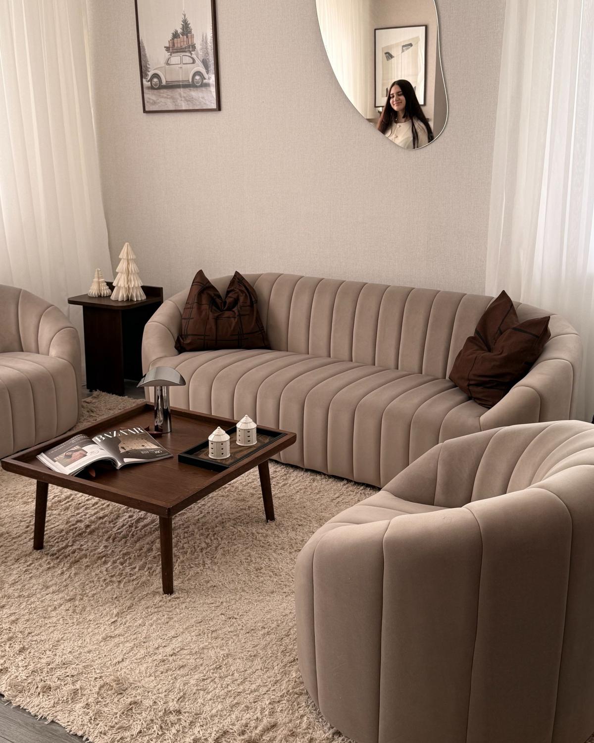 SOFA-SET 6-Sitzer Samtstoff Beige Malung - Beige, Textil (202/68/79cm) - Beliani