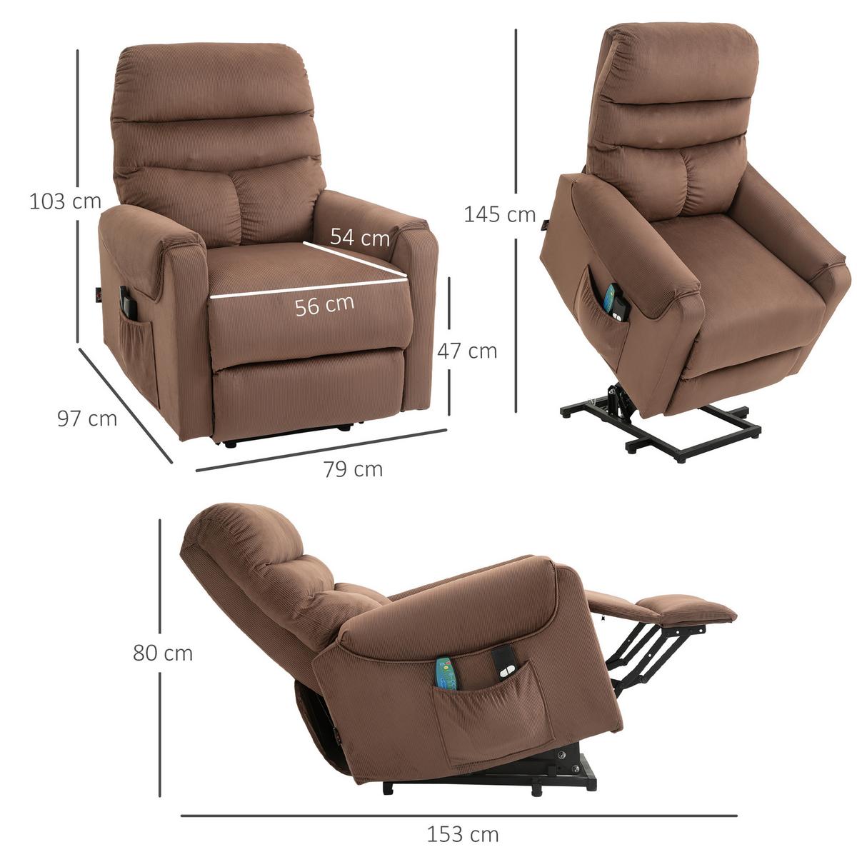 FERNSEHSESSEL Sessel mit Aufstehhilfe mit Massagefunktion Heizung Braun - Schwarz/Braun, Textil/Metall (83/110/93cm) - HOMCOM
