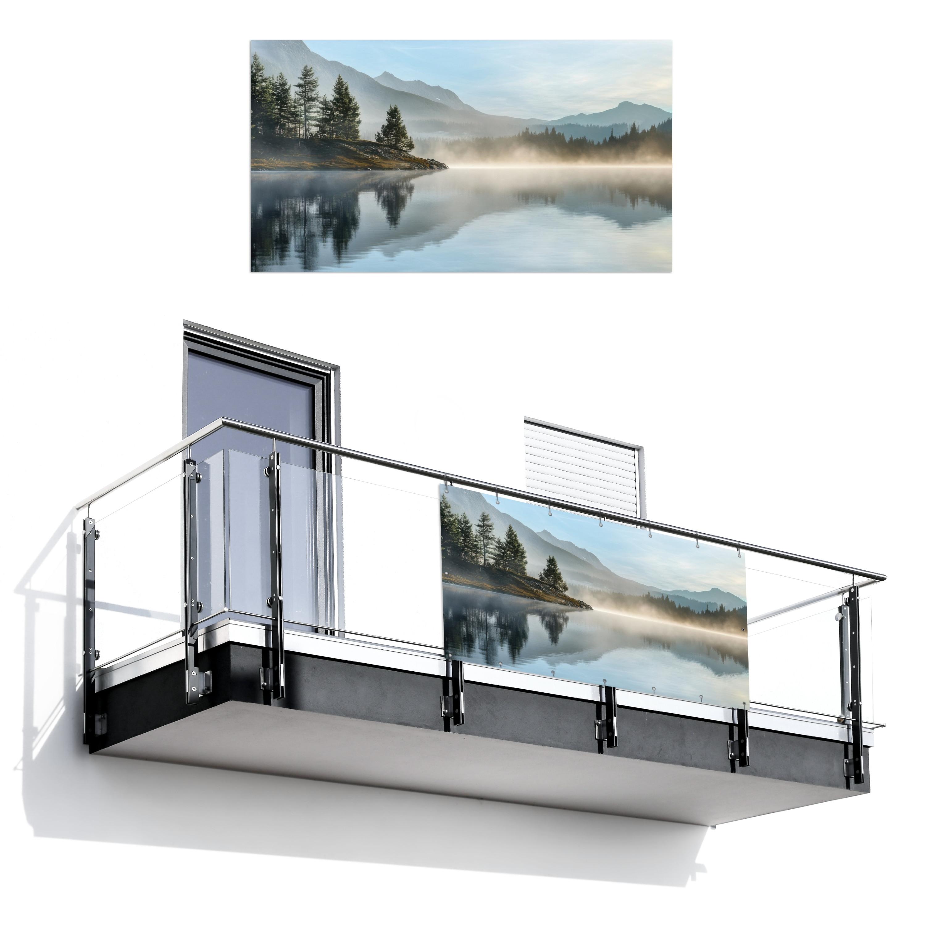 BALKON-SICHTSCHUTZ See - Nebel - Berge - Landschaft Witterungsbeständig 200x110 cm - Hellblau, Kunststoff (200/110cm) - MuchoWow