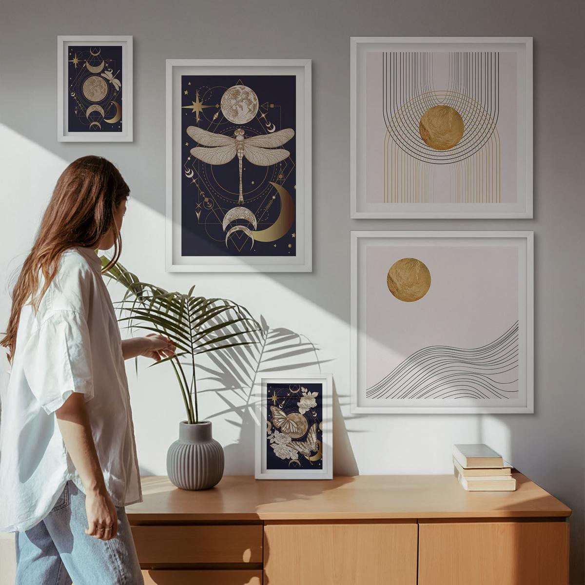 BILDER SET 5er Set - 50x50 cm & 20x30 cm & 40x60 cm Weißer Rahmen - Naturmotive mit dem Mond - Weiß, Kunststoff (40/60cm) - TULUP
