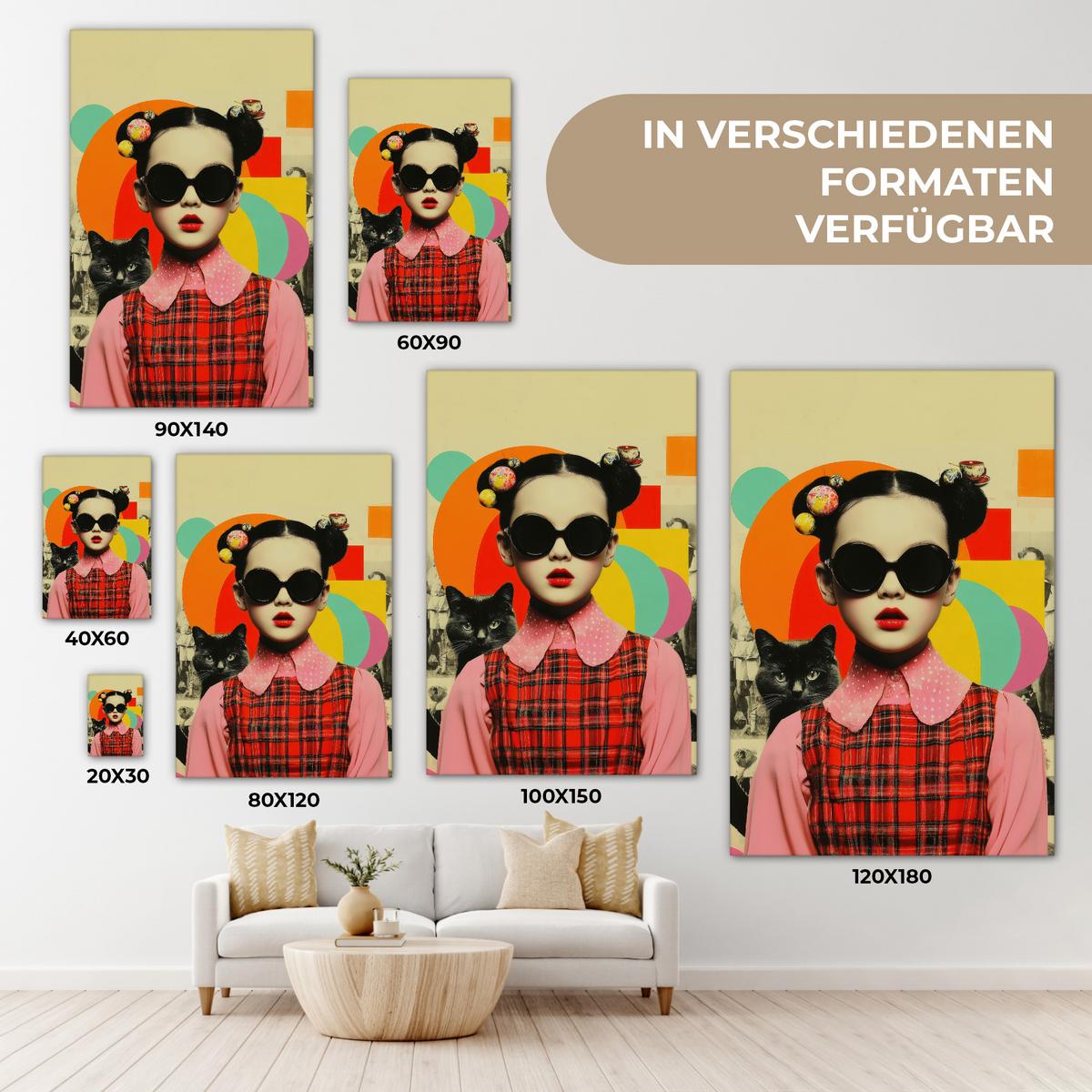 LEINWANDBILD Mädchen - Sonnenbrille - Katze - Retro Deko XXL 80x120 cm - Beige, Textil (80/120cm) - MuchoWow
