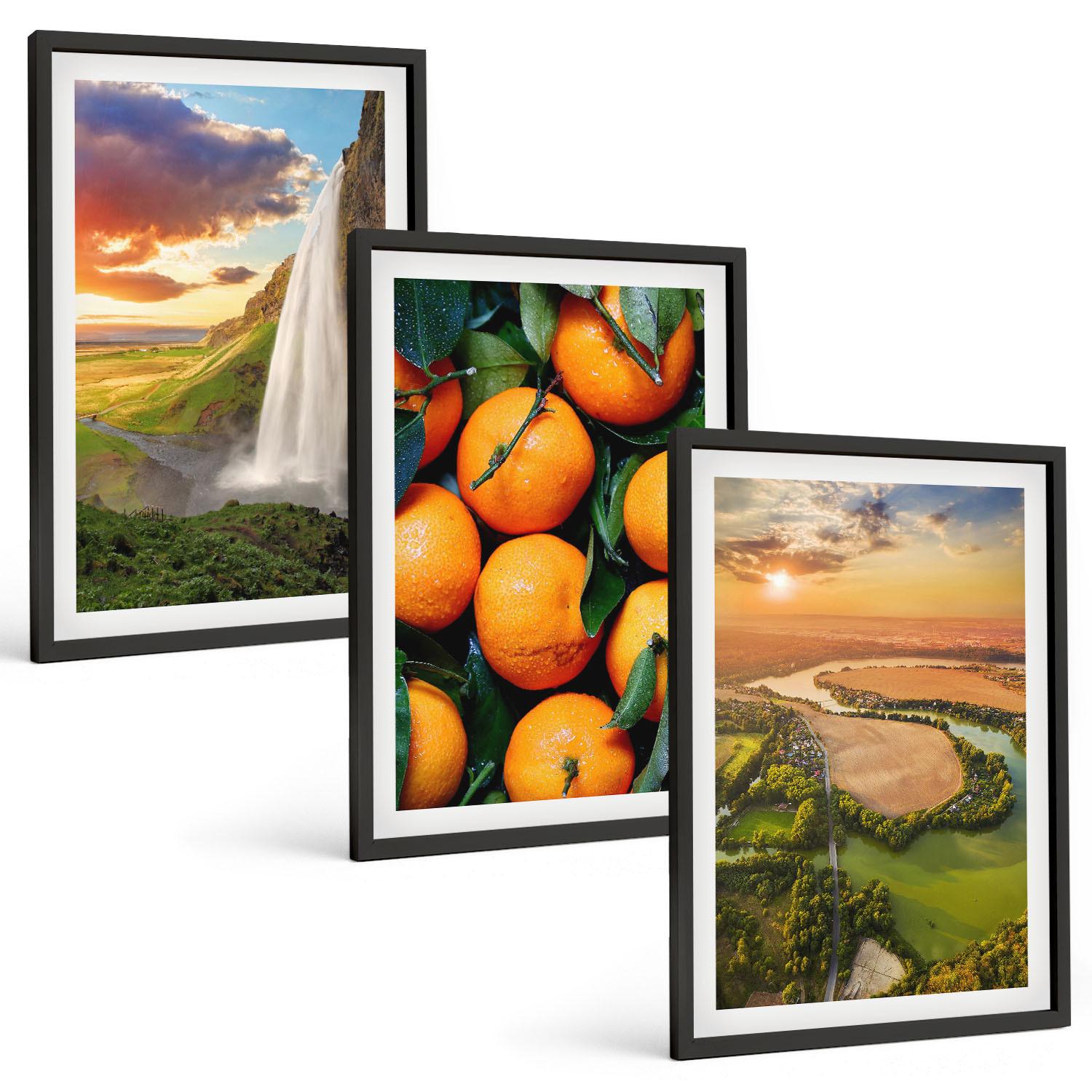 BILDER SET 3er Set - 40x60 cm Schwarzer Rahmen - Orange Mountain Wasserfall - Schwarz, Kunststoff (40/60cm) - TULUP