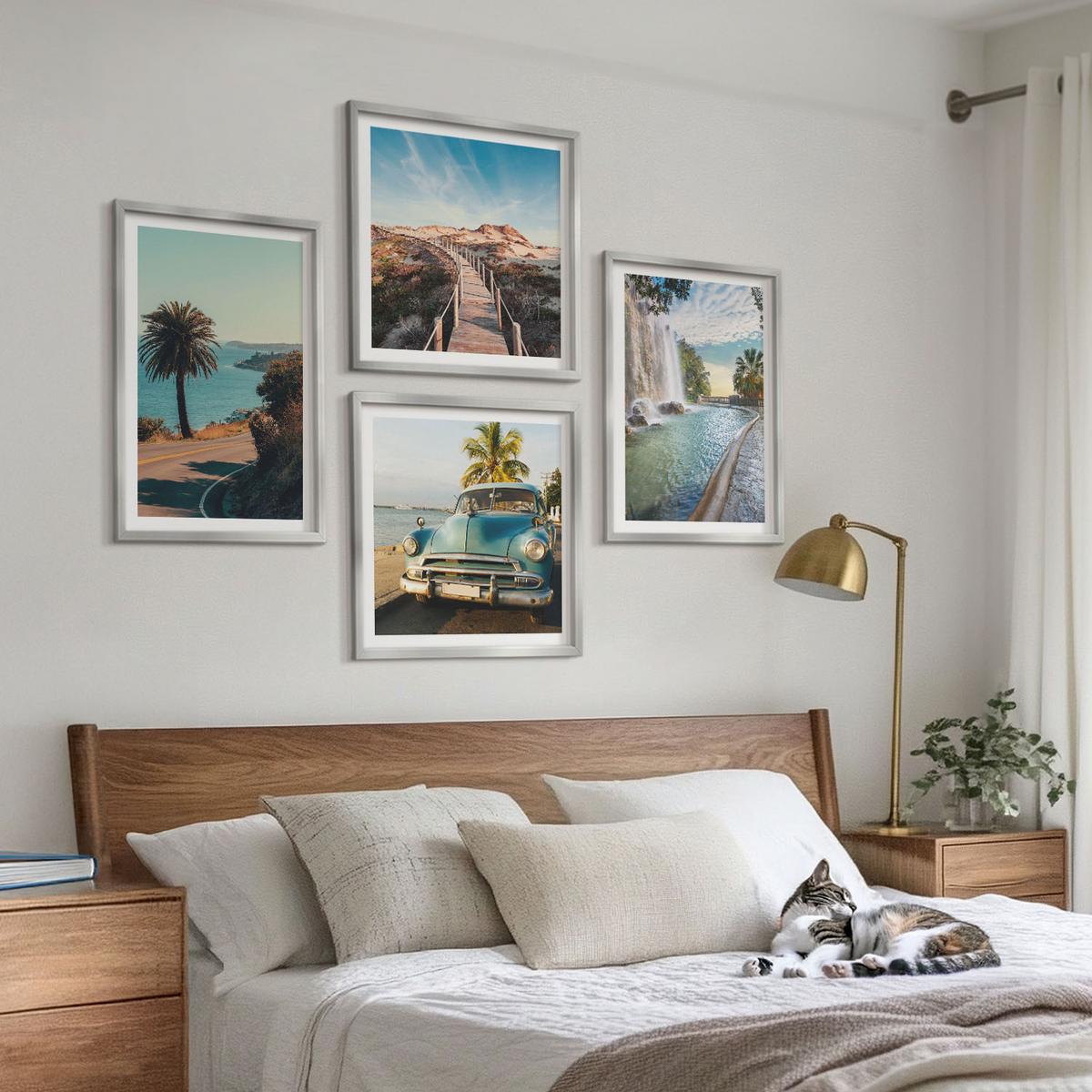 BILDER SET 4er Set - 50x50 cm & 40x60 cm Silberner Rahmen - Urlaub Palmen Wasserfall - Silberfarben, Kunststoff (50/50cm) - TULUP