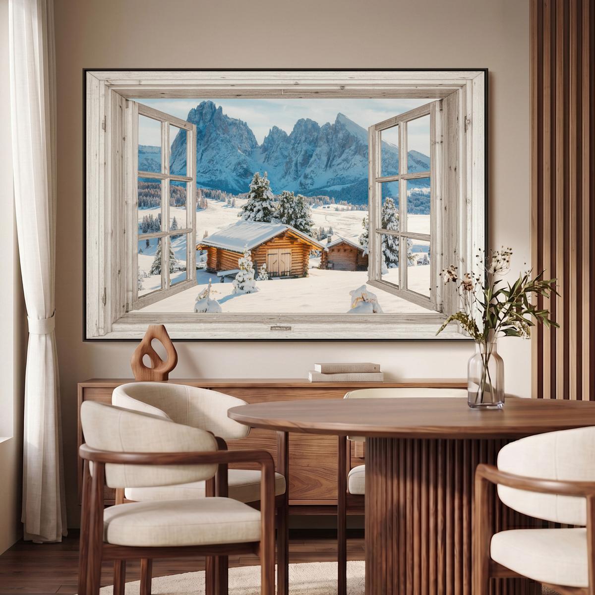 LEINWAND Bilder mit Rahmen - Winterlandschaft - Hütte - Berge - Ausblicke - Aussicht - Natur - 150x100 - Weiß Hochglanz, Textil (150/100cm) - MuchoWow