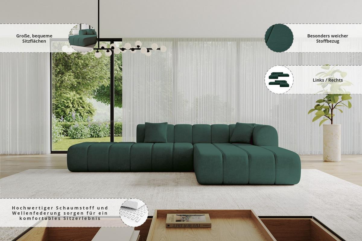 ECKSOFA Ottomane Rechts BILA-L 289x176x71 Grün Samt - Jadegrün/Schwarz, Holzwerkstoff/Kunststoff (289/176cm) - ALTDECOR
