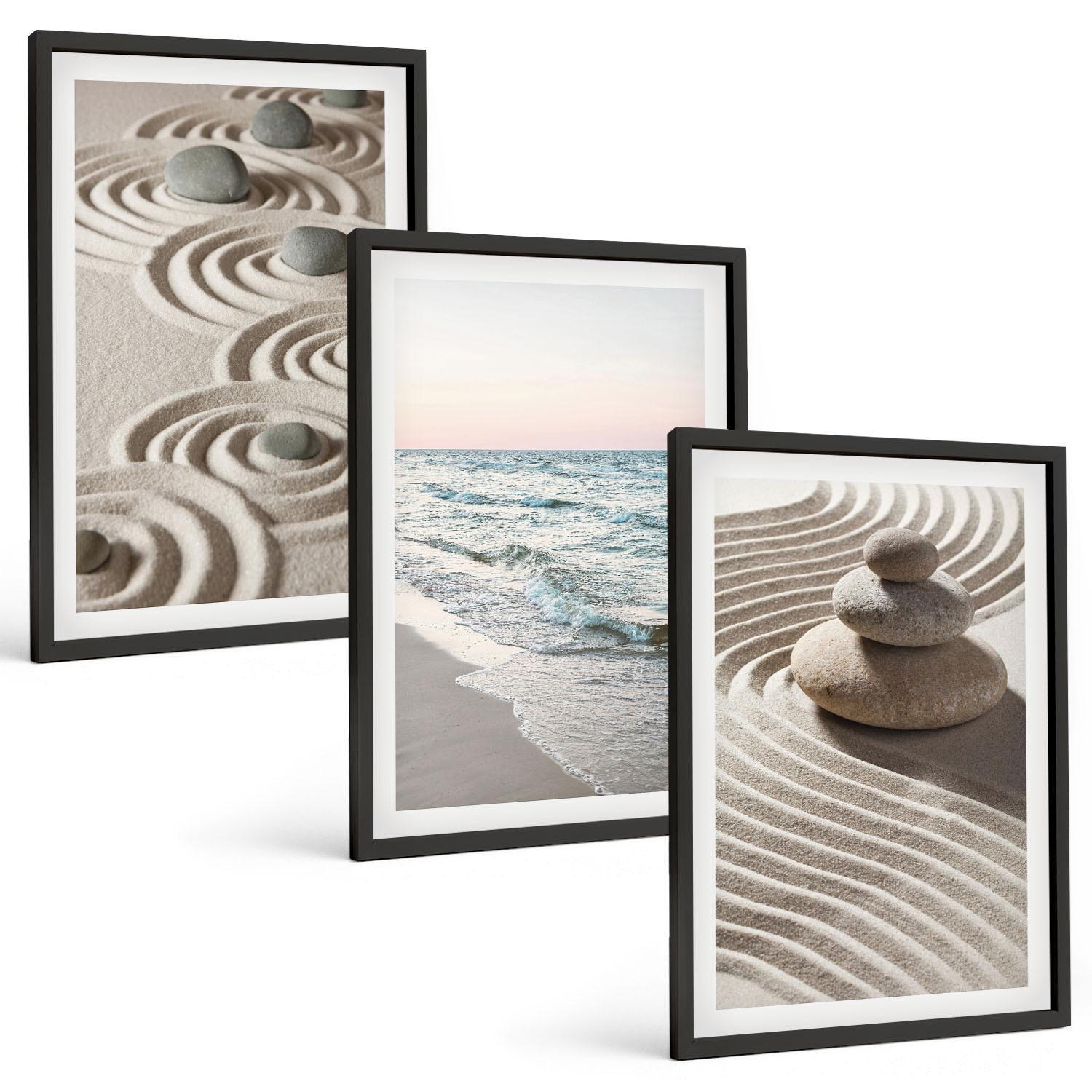 BILDER SET 3er Set - 40x60 cm Schwarzer Rahmen - Wellen, Sand, Wasser, Steine, Strand - Schwarz, Kunststoff (40/60cm) - TULUP
