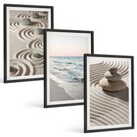 BILDER SET 3er Set - 40x60 cm Schwarzer Rahmen - Wellen, Sand, Wasser, Steine, Strand - Schwarz, Kunststoff (40/60cm) - TULUP