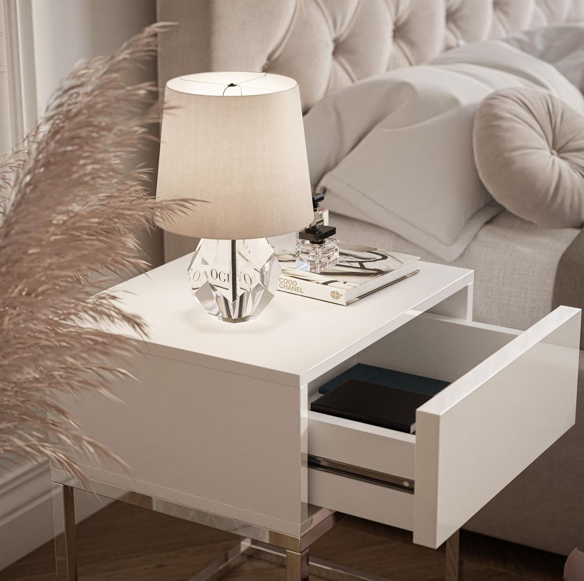 NACHTTISCH BLANCO GLAMOUR Weiß Hochglanz auf verchromtem Gestell PUSH OPEN - Weiß Hochglanz, Holzwerkstoff (45/53/36.6cm) - Lookway