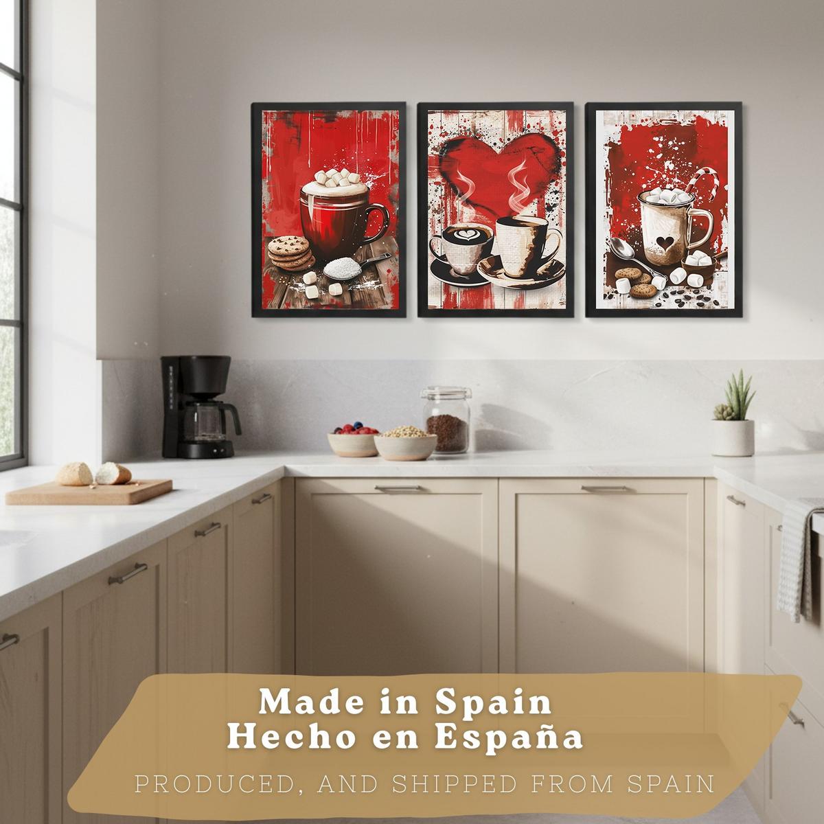 POSTER 3er Set Schokolade und Kaffee Wandbilder Marshmallows Zuckerstange Rote Pop Art Küche Wanddeko Rahmenlos A3 - Schwarz, Papier (29.7/1/42cm) - Nacnic