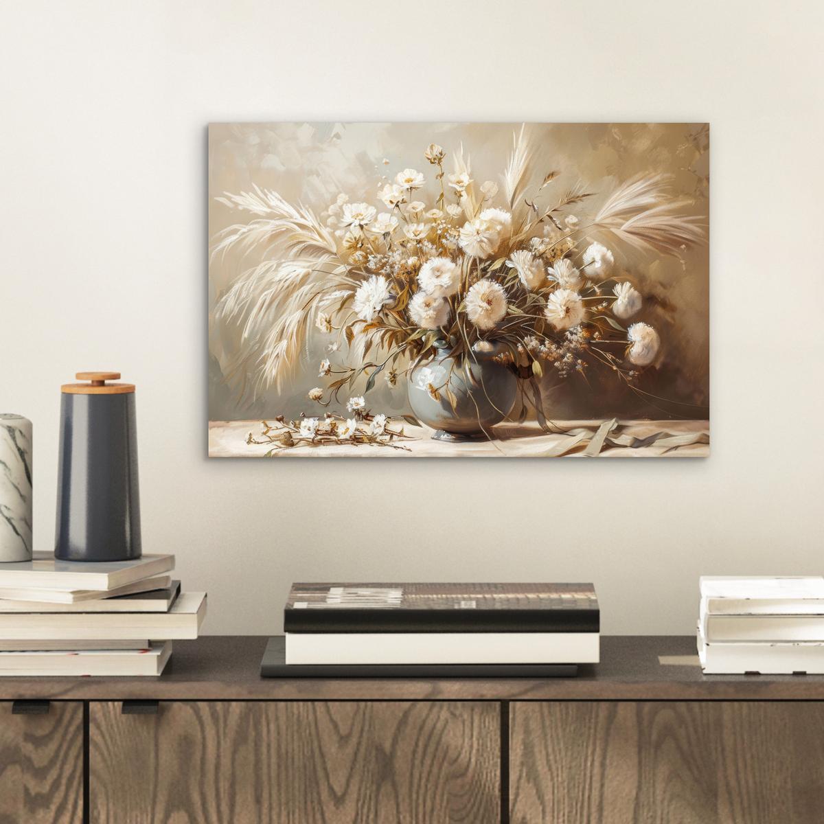 METALLBILD Blumen - Vase - Stilleben - Beige 30x20 cm - Creme, Metall (30/20cm) - MuchoWow