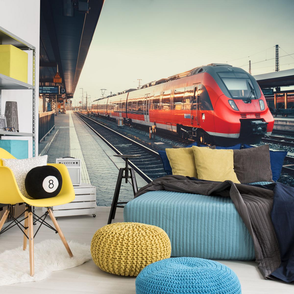 FOTOTAPETE für Wohnzimmer Moderner Roter Zug Bahnhof Geleise 250x175 - Rot/Braun, Papier (250/175cm) - Muralo