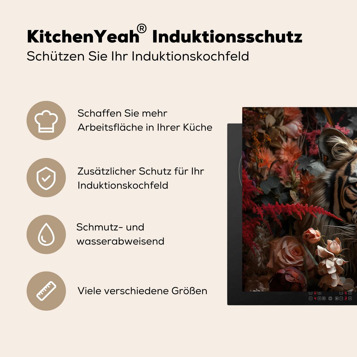 HERDABDECKPLATTE Tiger - Tier - Natur - Floral - Botanisch Induktionsschutz 81.6x52.7 cm - Orange, Kunststoff (81.6/52.7/0.2cm) - MuchoWow