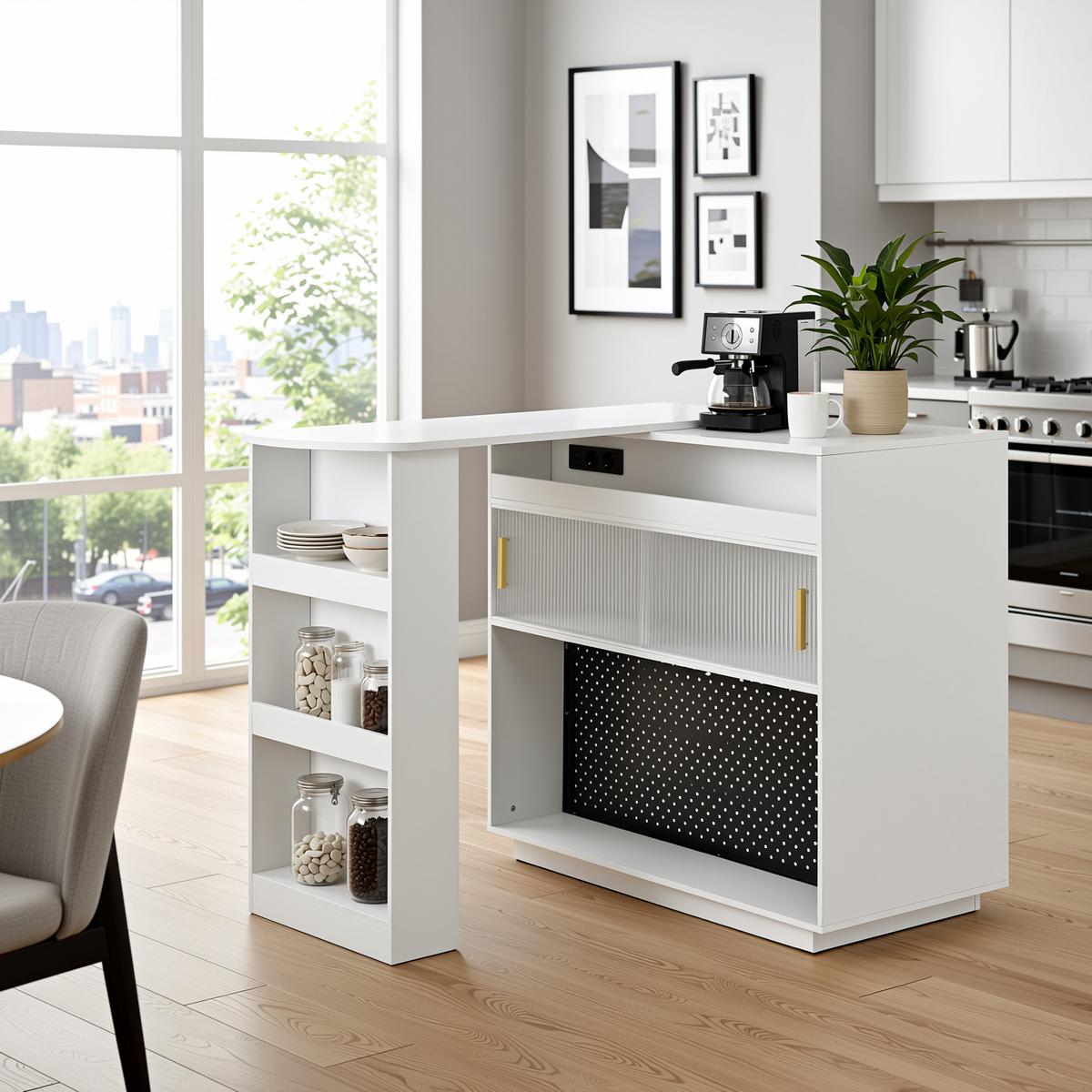 BARTISCH mit sideboard in weiß mit riffelglas, 360° drehbar - Weiß, Holzwerkstoff (50/120/95.5cm) - Urban Meuble