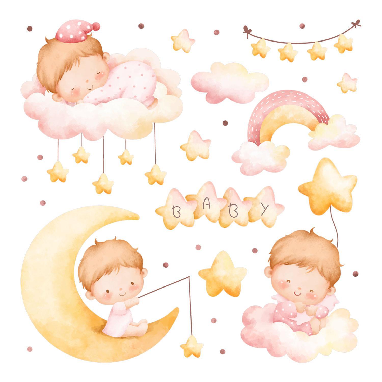 WANDAUFKLEBER 80x106cm - Babys auf den Wolken - Multicolor, Kunststoff (80/106/0.1cm) - Wallfluent