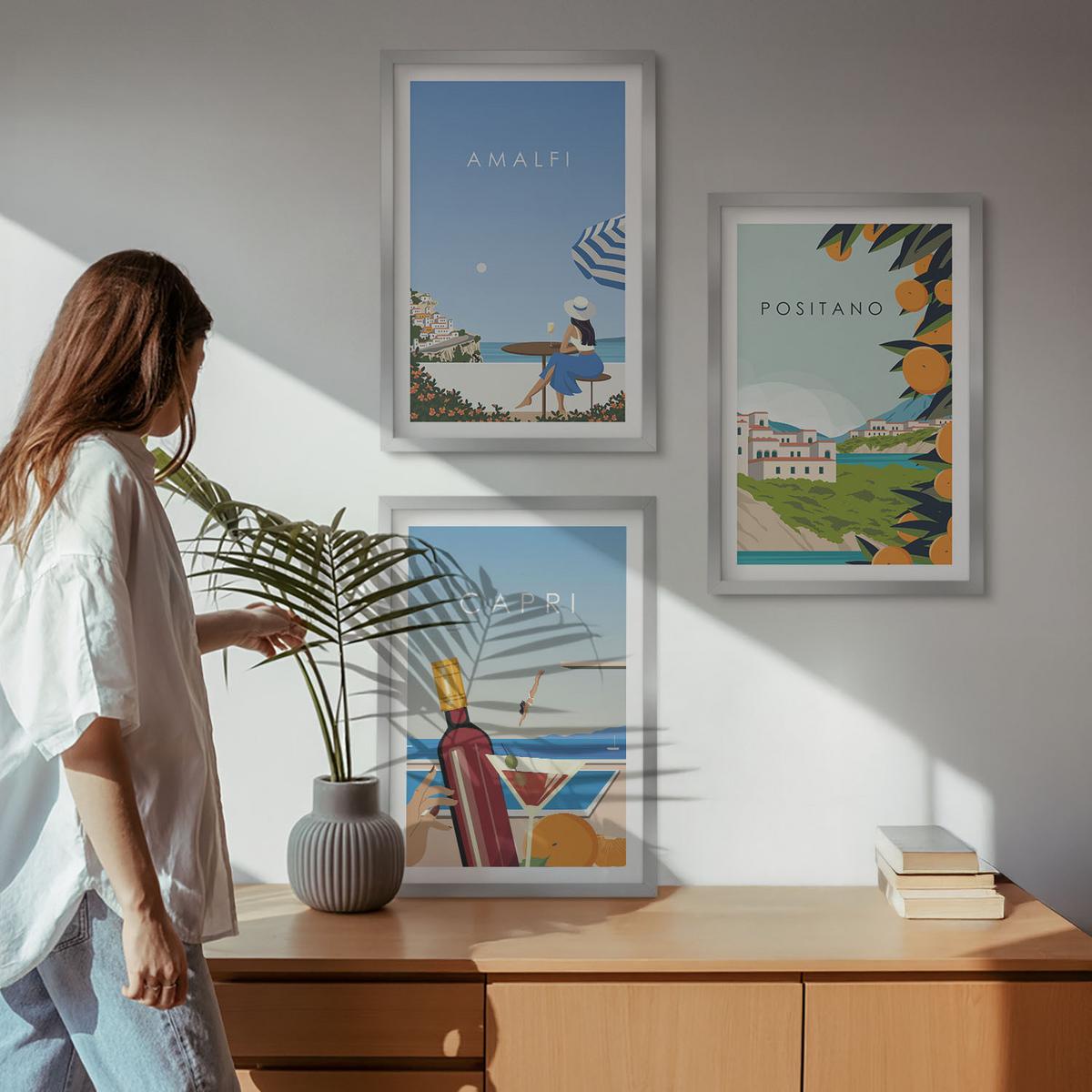 BILDER SET 3er Set - 40x60 cm Silberner Rahmen - Amalfi, Positano und Capri - Silberfarben, Kunststoff (40/60cm) - TULUP