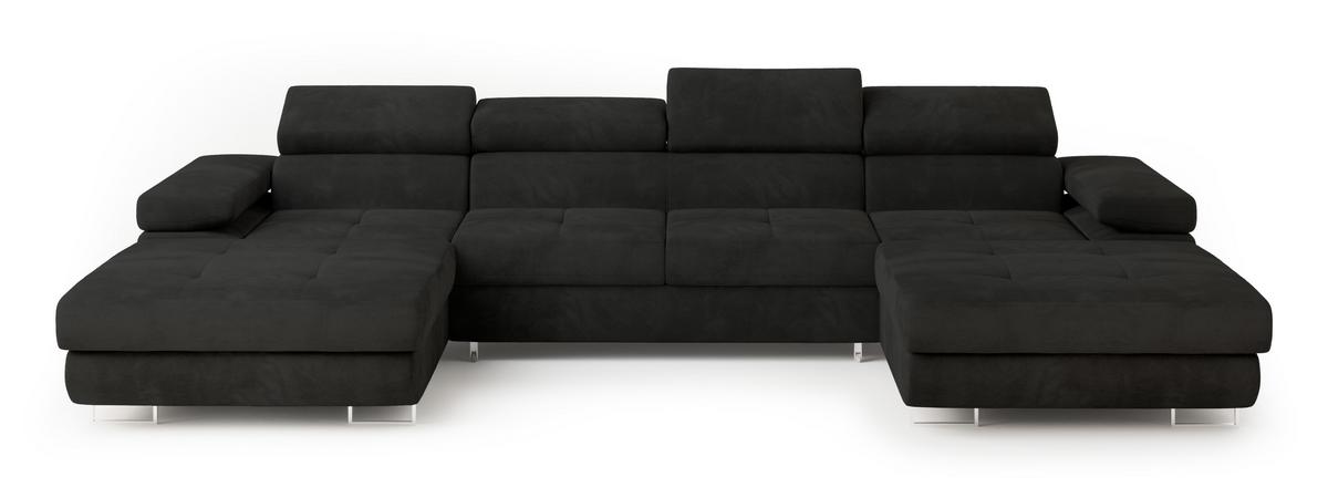 WOHNLANDSCHAFT LYKKE Schwarz Velours-Stoff mit Schlaffunktion - Schwarz, Holz (353/90/202cm) - MASSENO