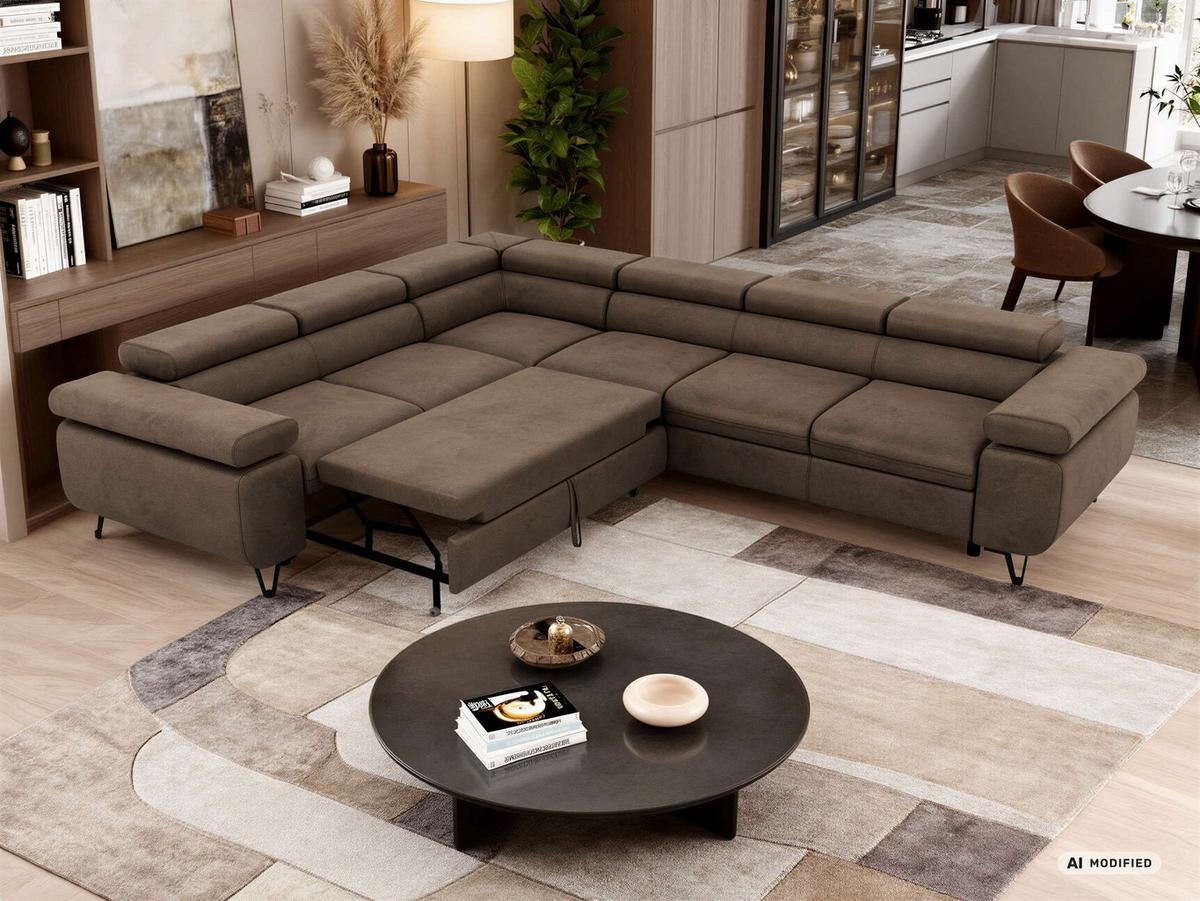 ECKSOFA NORDEN L - Braun Velvet - Rechts Seite - Dunkelbraun/Schwarz, Textil/Metall (329/269cm) - MKS