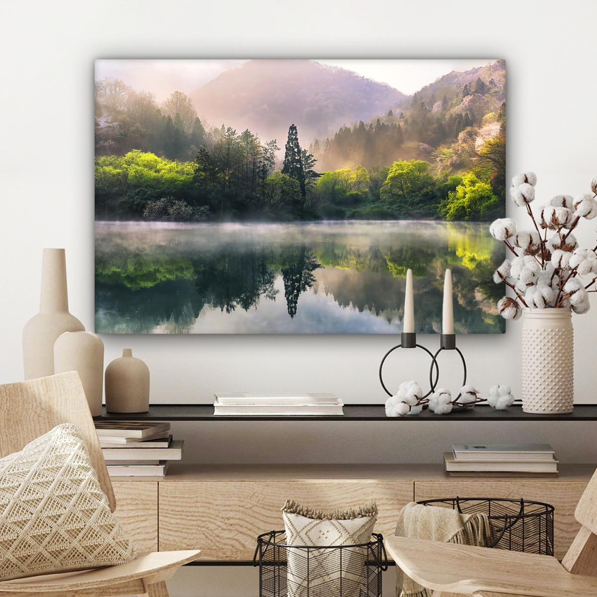 LEINWANDBILD Natur - Bäume - Berge - See - Wasser Gemälde 60x40 cm - Hellgrün, Textil (60/40cm) - MuchoWow