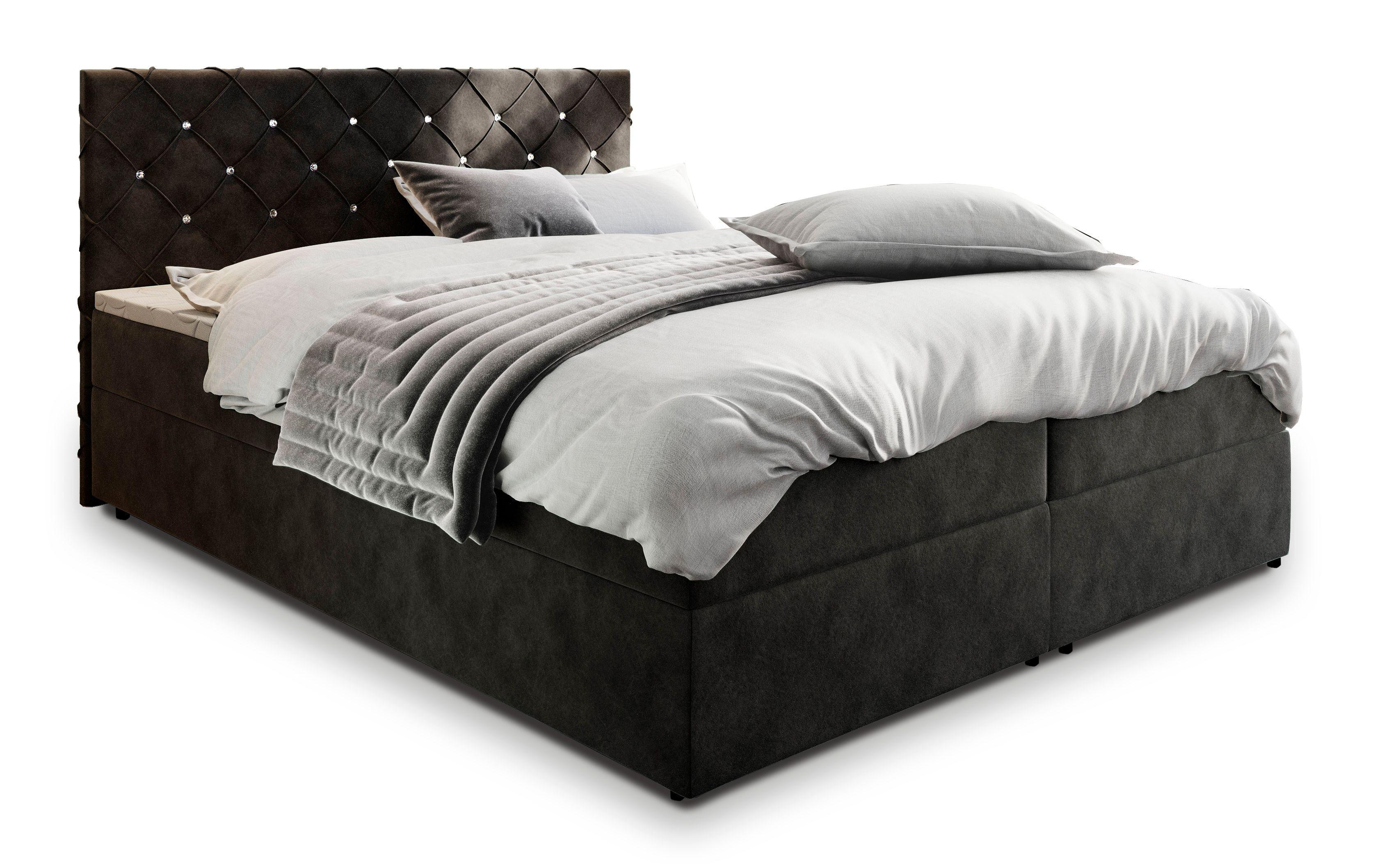 BOXBETT RIVA 180x200 cm mit Matratze und Topper, H2+H3 - Schwarz - Schwarz, Holz (180/200cm) - MASSENO