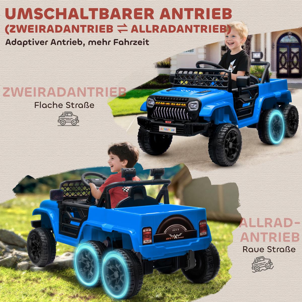 12V Elektrisches Kinderauto, mit Lichtern, Musik und Hupe, 3-8 Jahre, Hellblau - Blau, Kunststoff (122/62.5/65cm) - AIYAPLAY