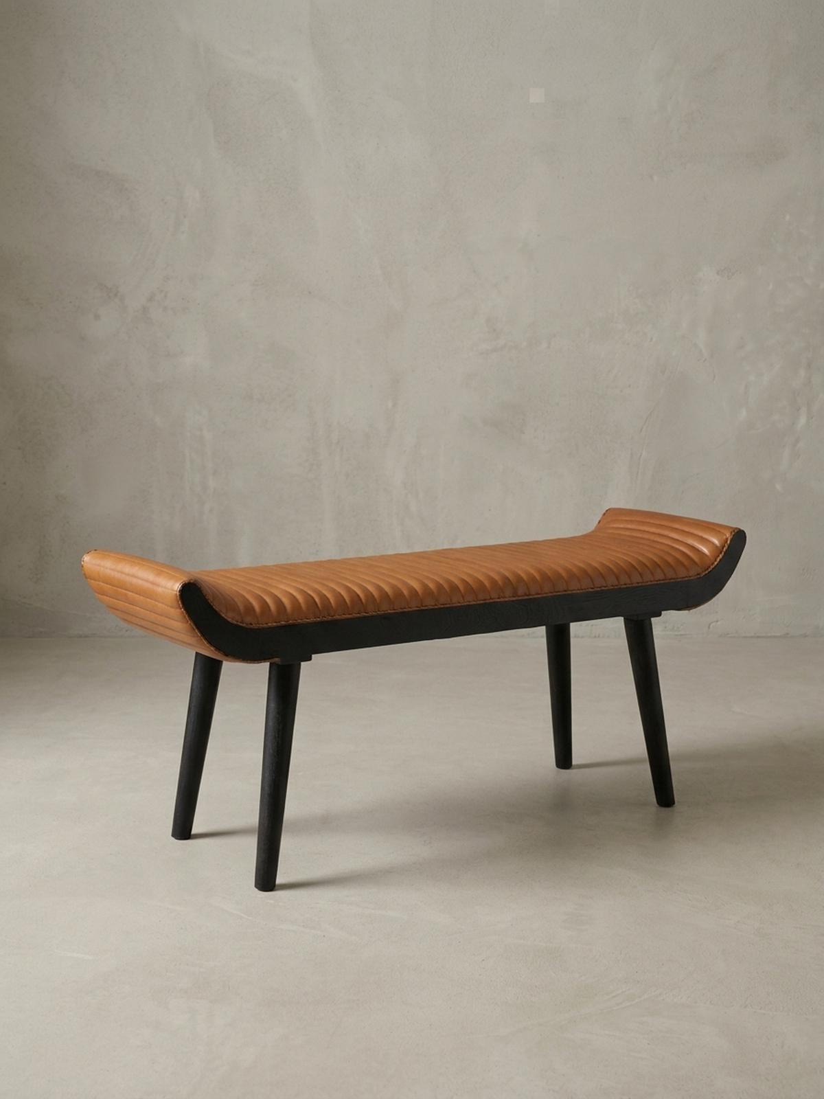 SITZBANK – Echtleder, 125x51x38 cm, Nietenrand, Massivholzbeine - Schwarz/Braun, Mangoholz/Leder (125/51/38cm) - KADIMA DESIGN