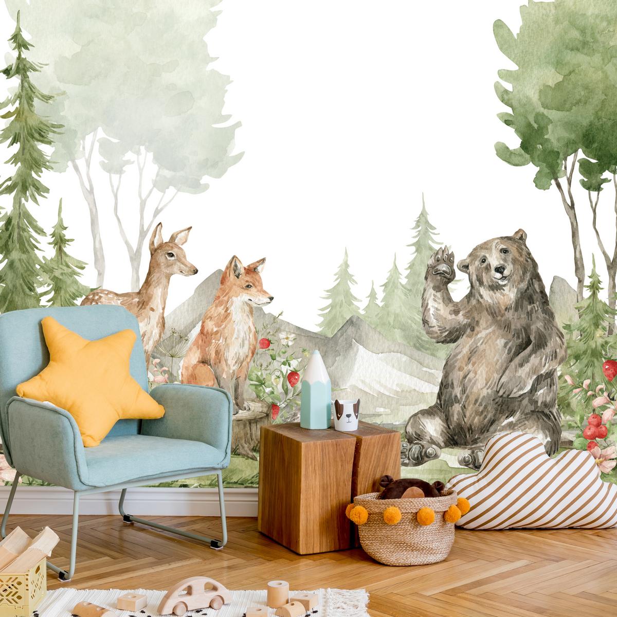 FOTOTAPETE für Kinderzimmer Aquarell Waldtiere Fuchs Reh Tragen 100x70 - Multicolor, Papier (100/70cm) - Muralo