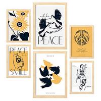 POSTER Set Mit 6 In Schwarzer Tinte Friedenstauben Kunstdrucke Von Meer Und Ozean Für Innenarchitektur A3 & A4 Rahmen Aus Hellem Holz - Beige, Papier (29/3cm) - Nacnic