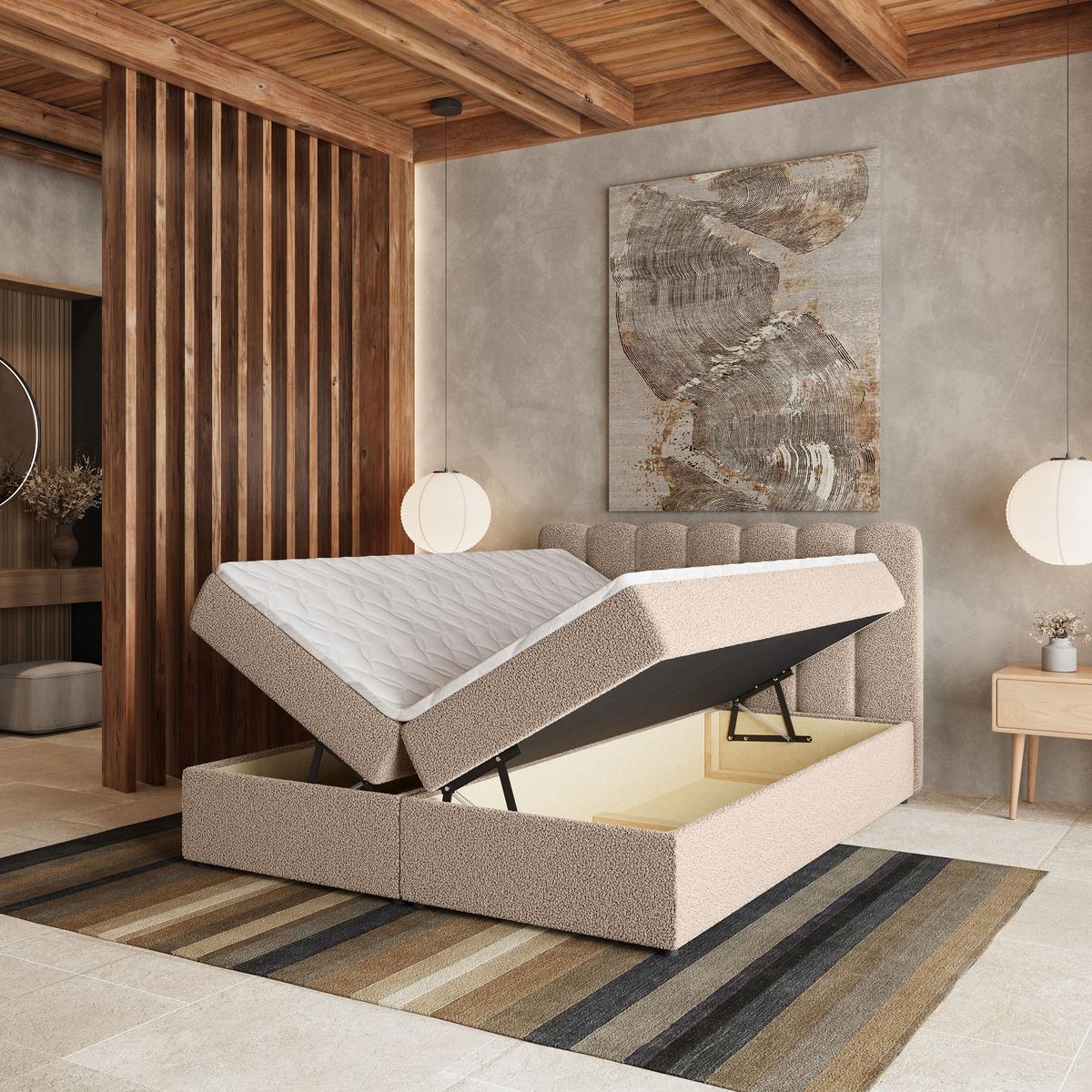 BOXBETT SOLIA 180x200 cm mit Matratze und Topper, H2+H3 - Beige - Beige, Holz (180/200cm) - MASSENO