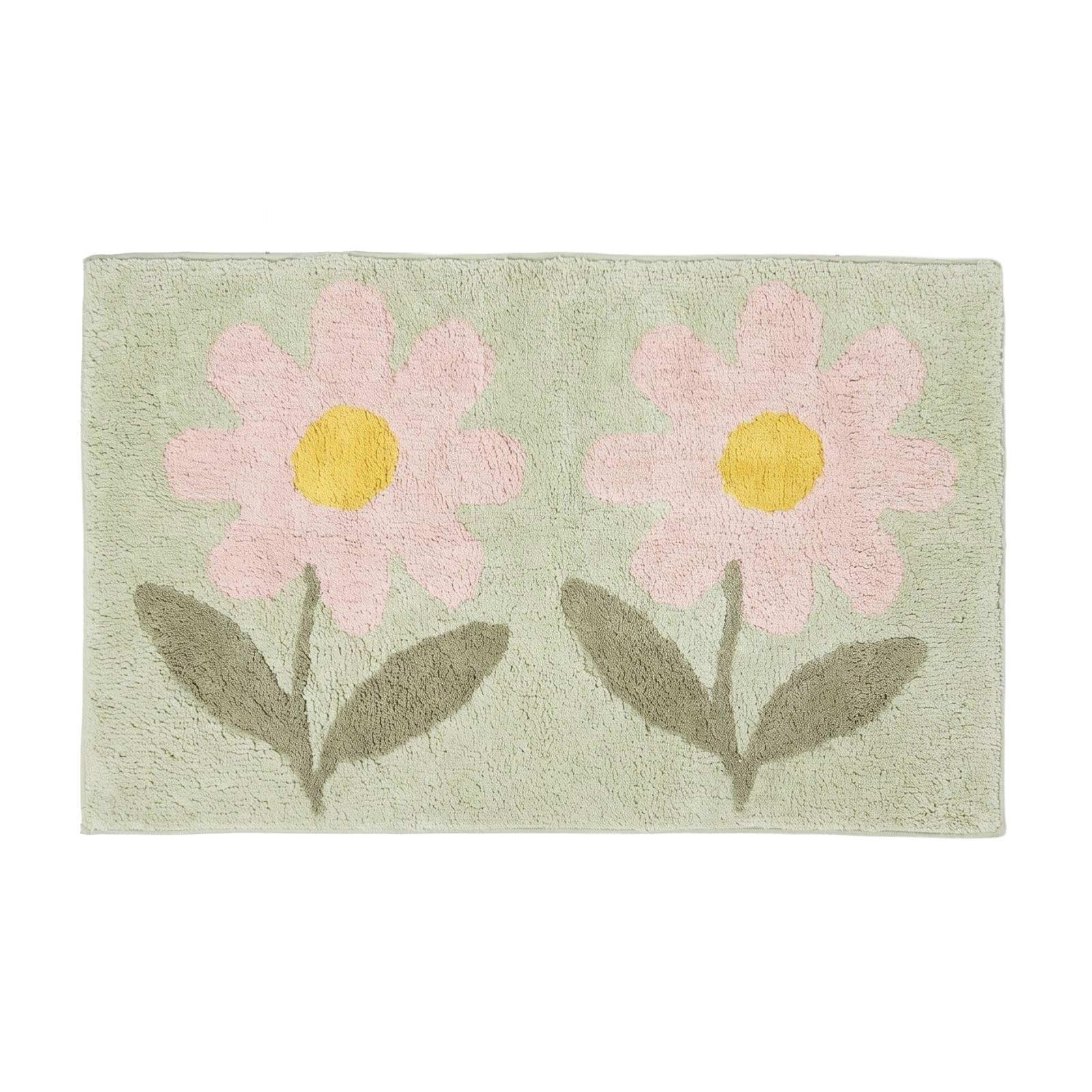 BADTEPPICH Blumen 50/80 cm, grün-rosa, 100 % Baumwolle - Grün, Textil (50/80cm) - Homescapes
