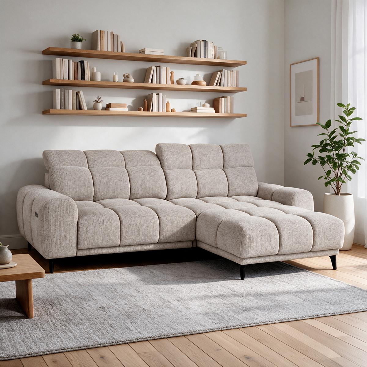 ECKSOFA Marco Mini mit elektrisch ausfahrbarem Sitz und verstellbaren Kopfstützen, Rechts, Chenille-Stoff, Beige - Beige/Schwarz, Textil (275/182cm) - Beautysofa