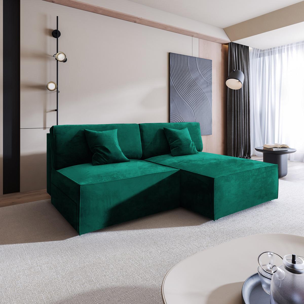 ECKSOFA FIORO M Grün Velours-Stoff mit Schlaffunktion - Grau/Grün, Holz/Kunststoff (204/148cm) - MASSENO
