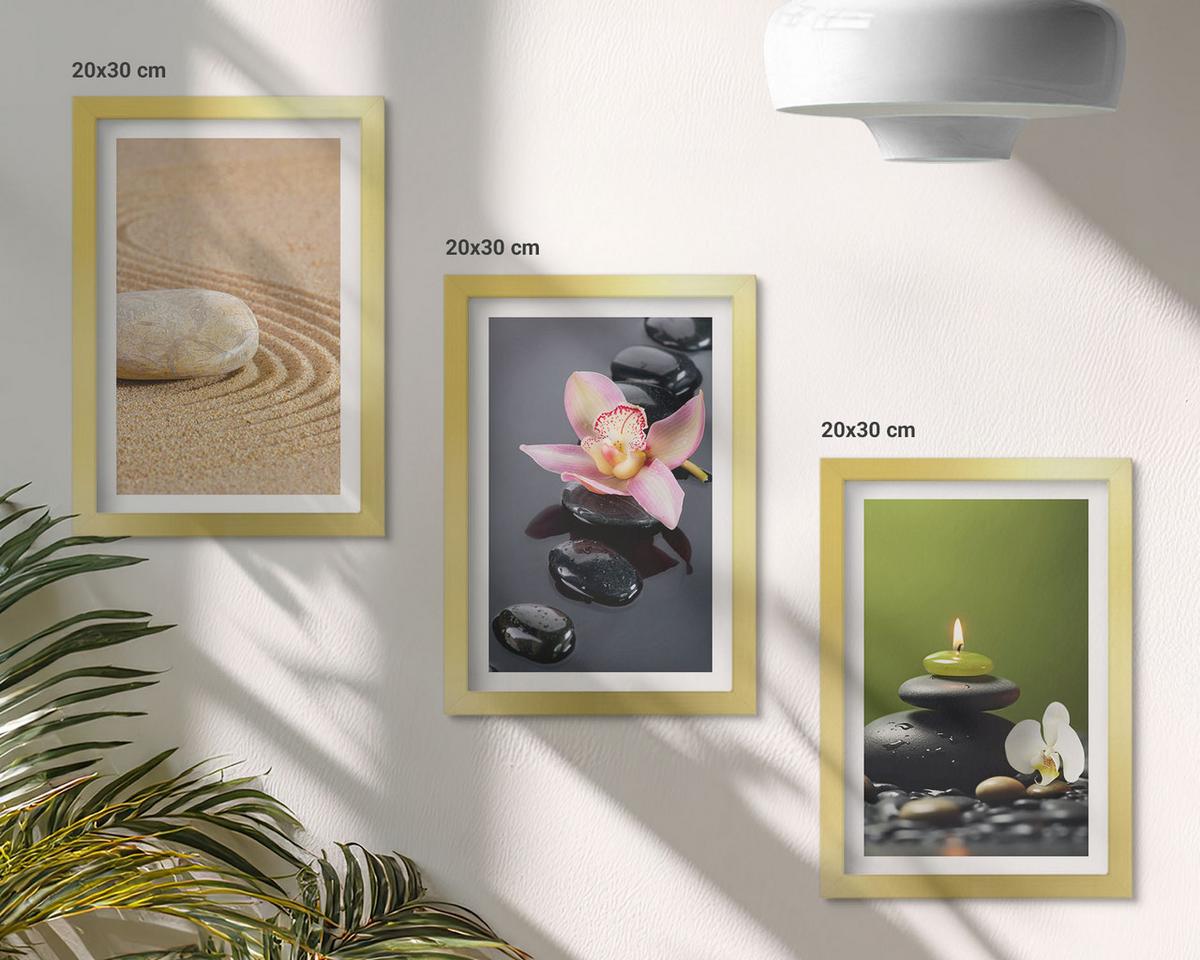 BILDER SET 3er Set - 20x30 cm Goldrahmen - Entspannende Zen-Steinmotive - Goldfarben, Kunststoff (20/30cm) - TULUP