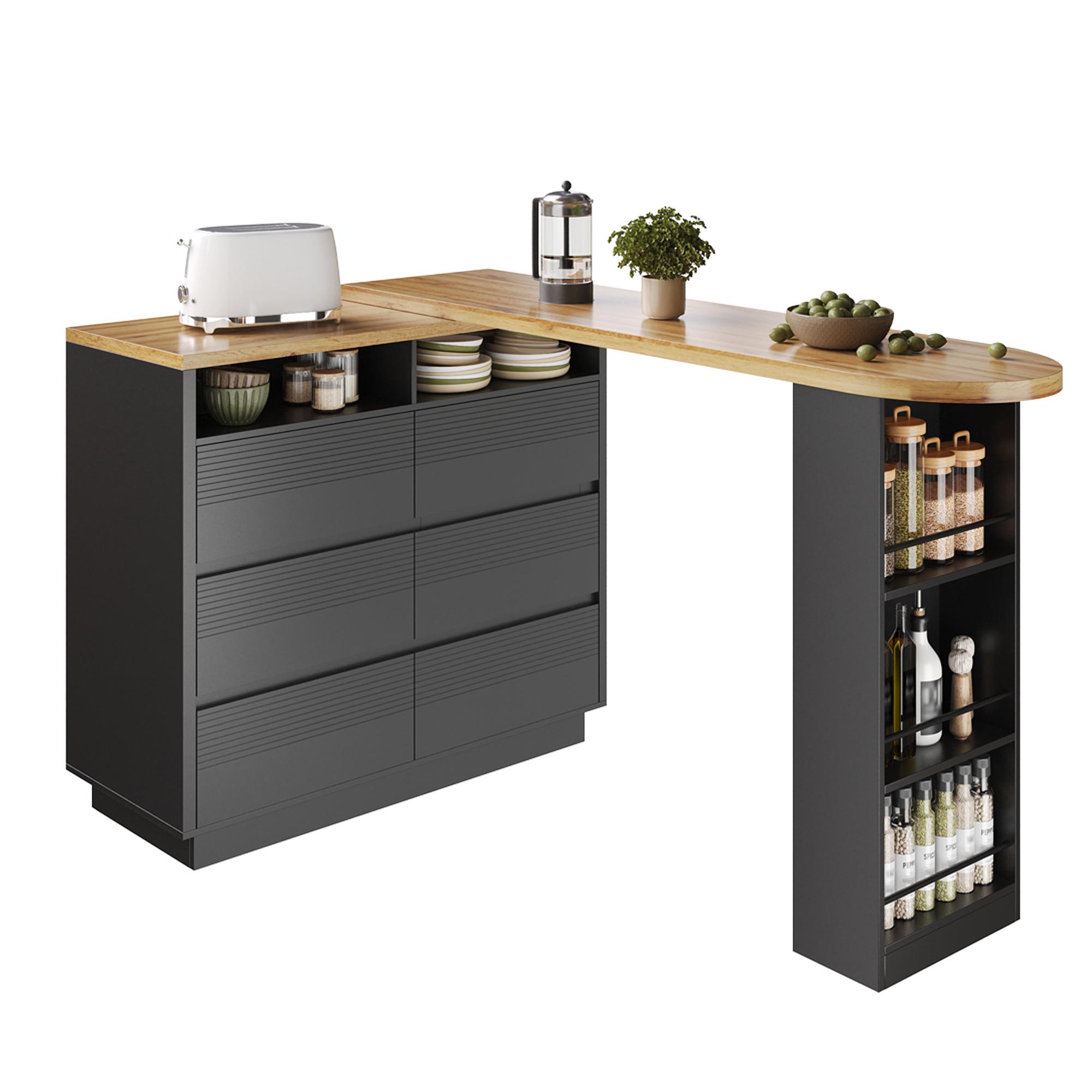 BARTISCH Schwarz Ausziehbar mit 6 Schubladen & Rollen Kücheninsel - Schwarz, Holzwerkstoff (39/215/102cm) - Urban Meuble