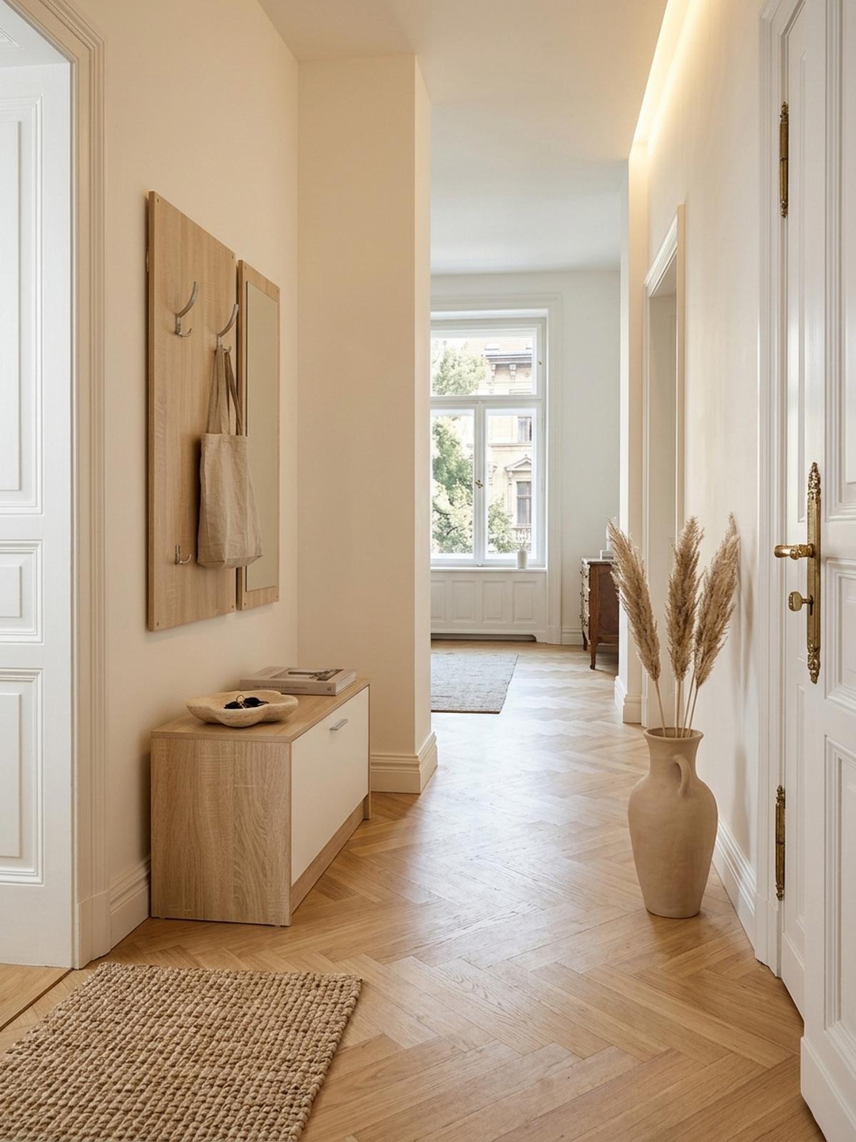 WANDGARDEROBE mit Spiegel, 10 Haken und Platz für 8 Paar Schuhe DELFT, Beige 80x27x180 cm - Beige, Holz (80/180/27cm) - KADIMA DESIGN