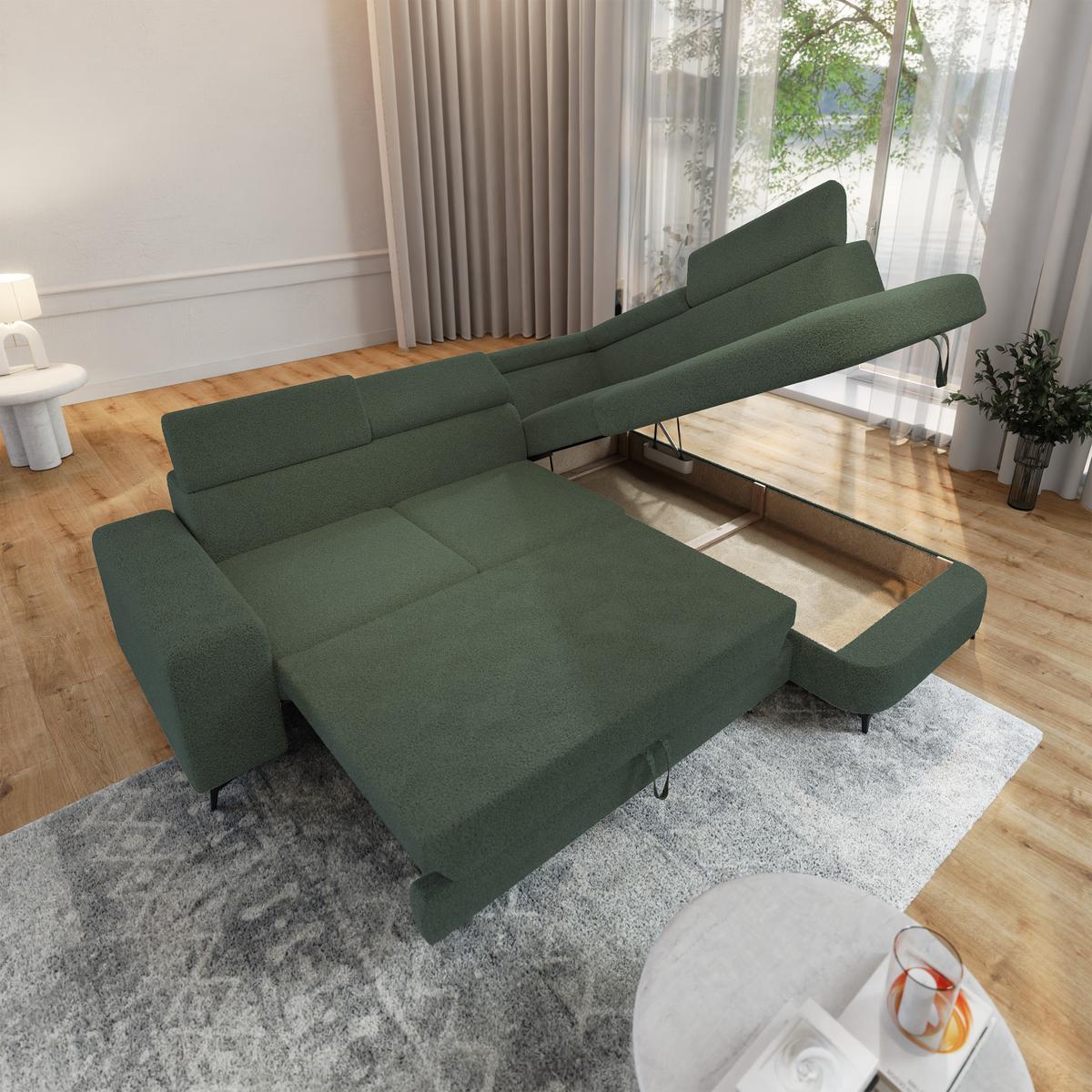 ECKSOFA ALVORO R-S Grün Boucle-Stoff mit Schlaffunktion - Grün, Holz (253/190cm) - MASSENO