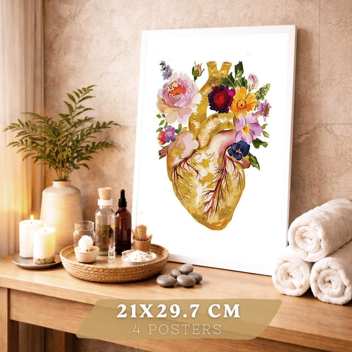 POSTER Set aus 4 Anatomie Mensch Drucke und mit Herz Gehirn Schädel Lungen Luftröhre Bronchien Goldener Floraler Stil Größe Weißer Rahmen A4 - Weiß, Papier (21/29.7/3cm) - Nacnic