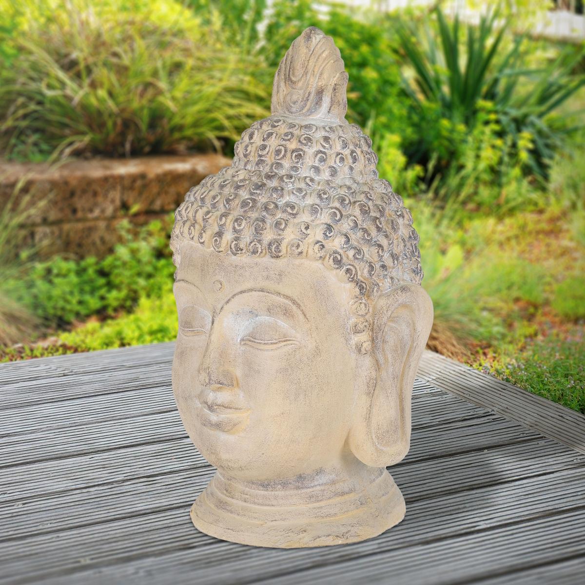 BUDDHA KOPF STATUE 78 cm Beige/Grau aus Polyresin - Beige, Kunststoff (39/78/45cm) - ECD-Germany