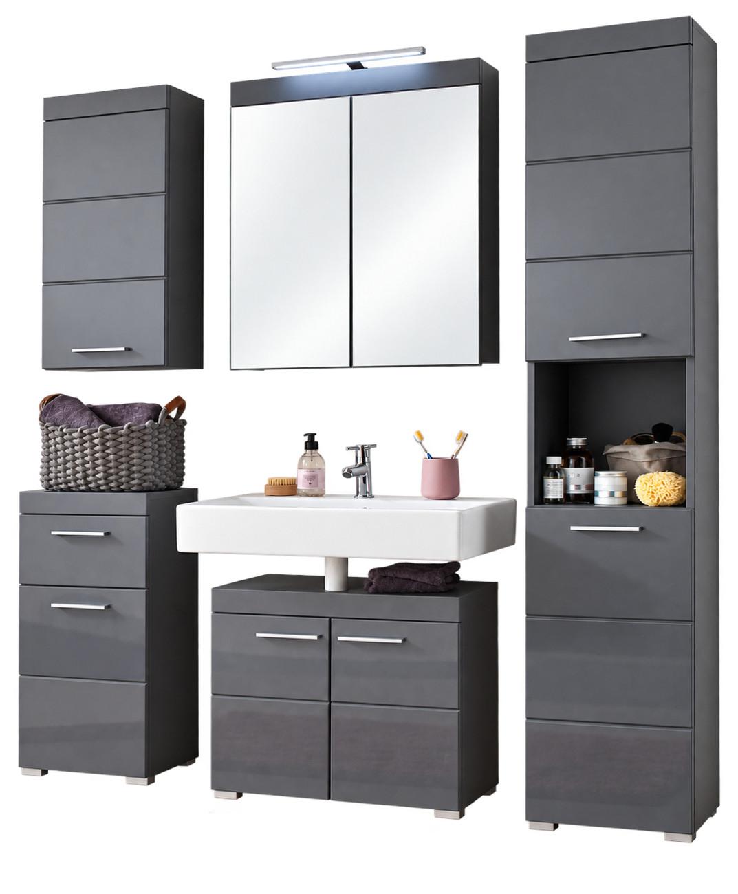 BADMÖBEL-SET grau Hochglanz 6-teilig 163 x 190 cm, Komplett-Set inklusive Beleuchtung - Grau, Glas/Holzwerkstoff (163/190/34cm) - Top.Furn