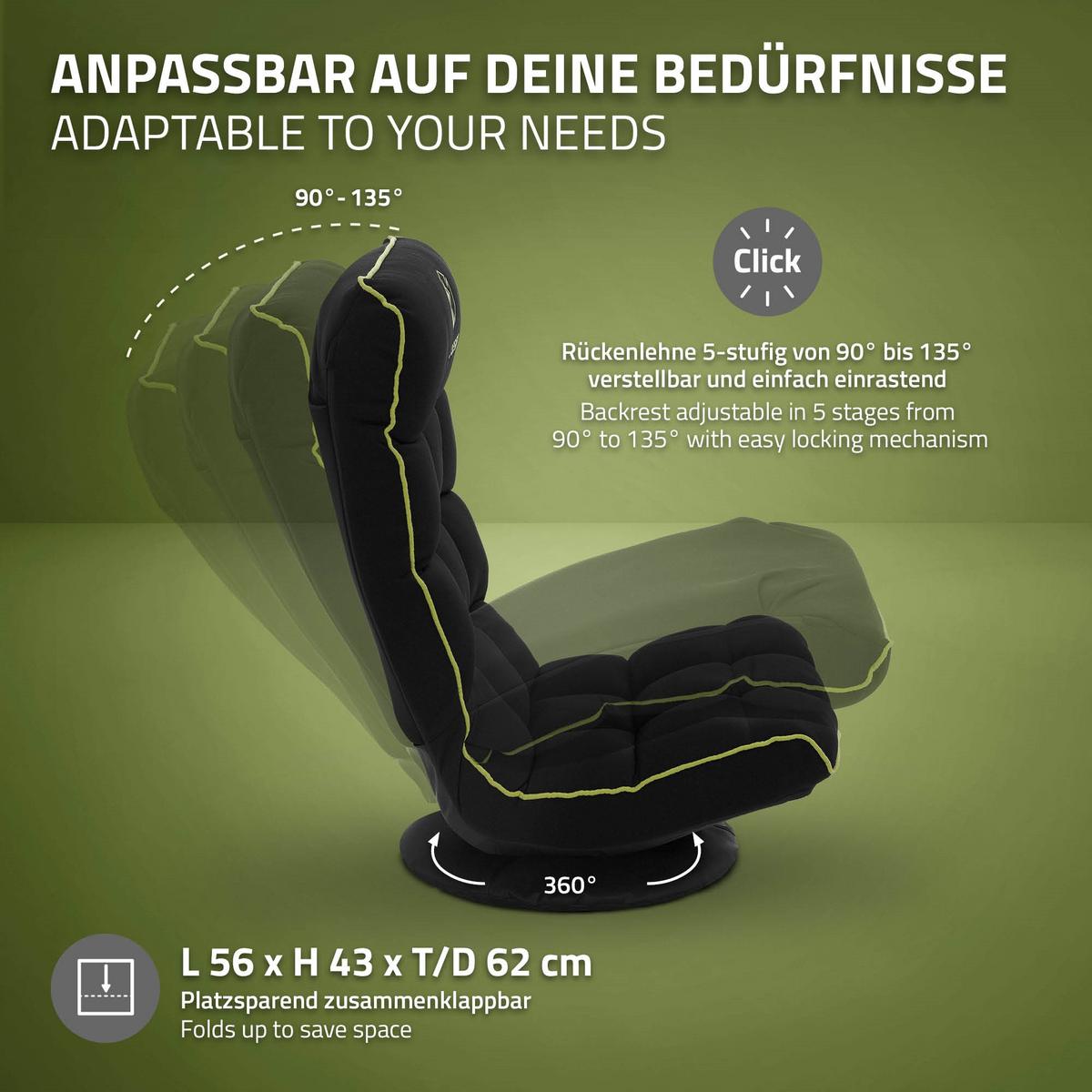 GAMING BODENSTUHL Schwarz-Grün Stoffbezug 360° drehbar & verstellbar - Schwarz/Grün, Textil (56/85/92cm) - ML-DESIGN
