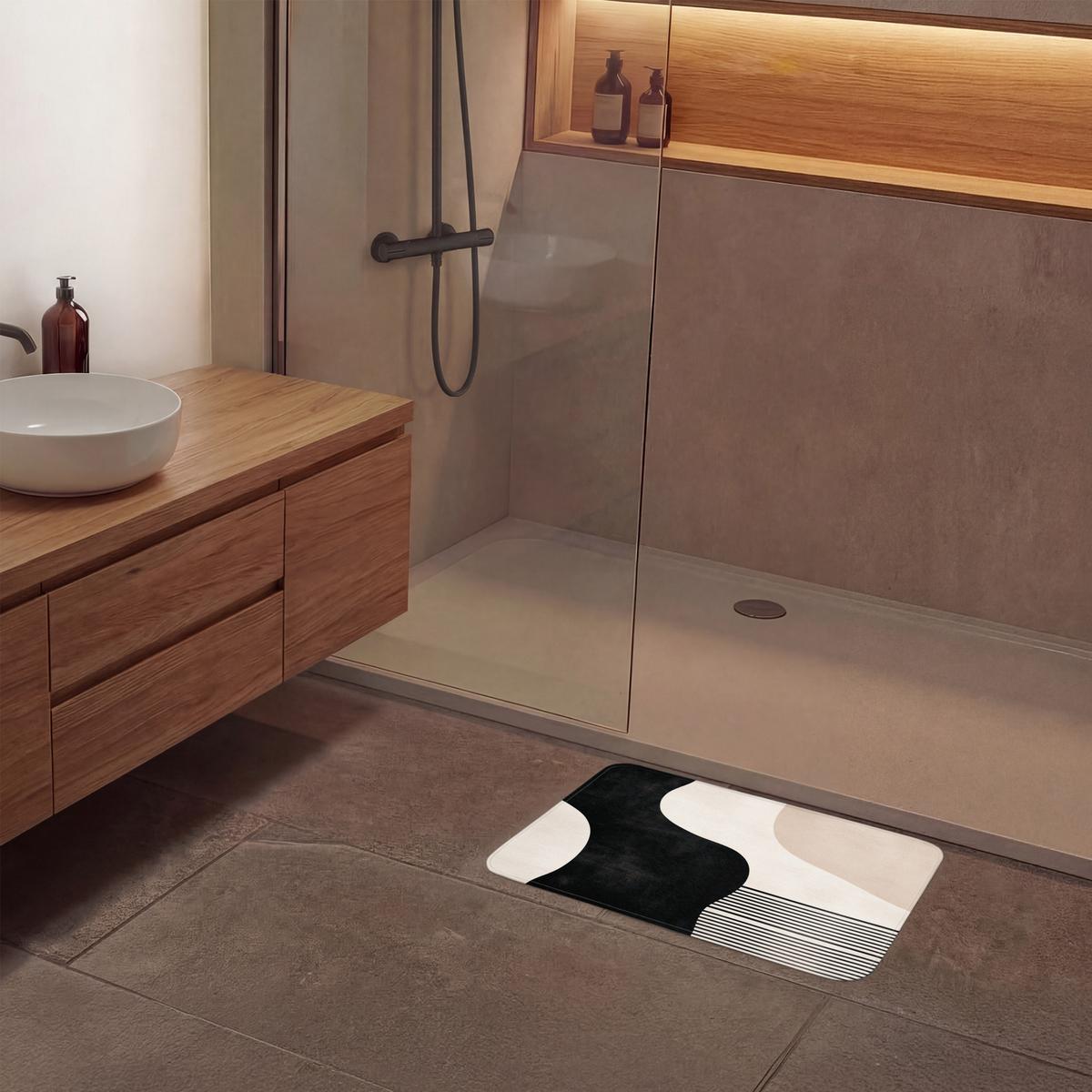 BADEMATTE Abstrakt - Japandi - Beige - Modern 60x40 cm - Beige/Schwarz, Textil (60/40cm) - OnlyWow